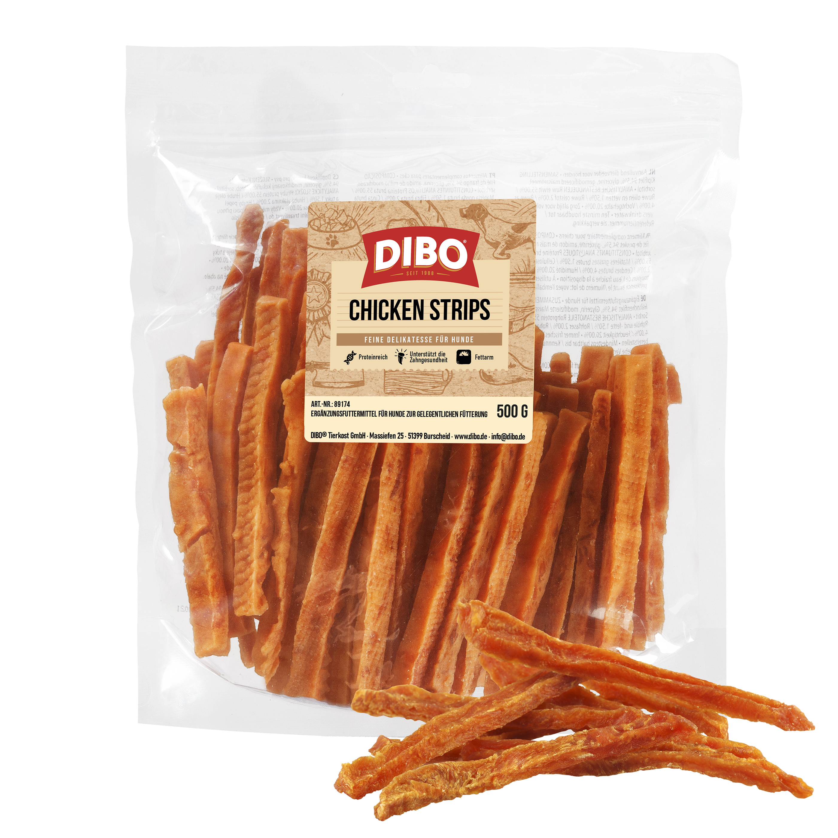 DIBO Chicken Strips, 500g-Beutel DIBO Chicken Strips Hundesnack in 500 g Verpackung, proteinreich und fettarm