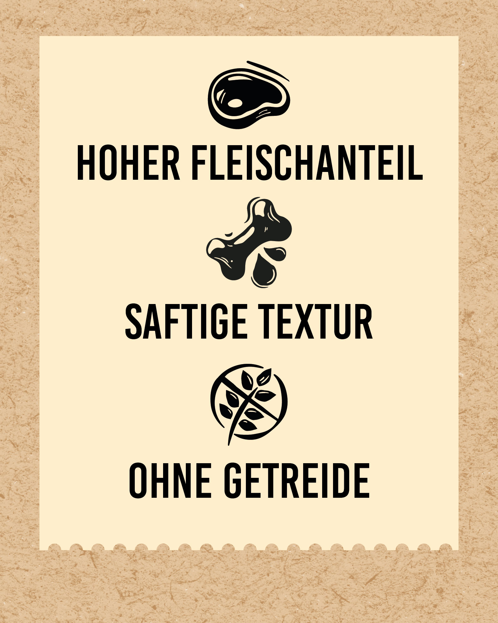 DIBO BARF-Leckerli Strauß, 200g-Beutel Grafik mit Symbolen und Text: Hoher Fleischanteil, saftige Textur, ohne Getreide auf beigem Hintergrund