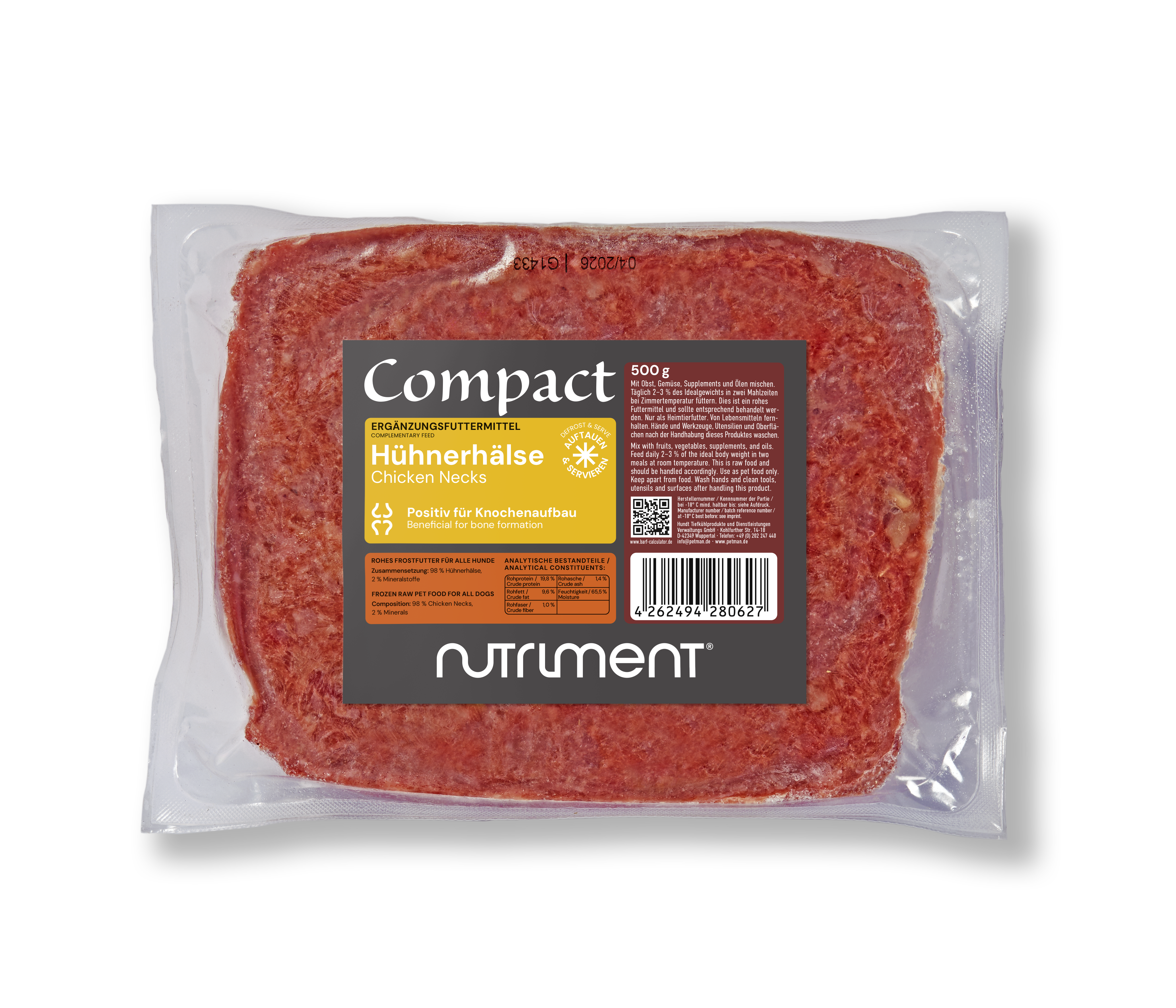 Nutriment Compact HÜHNERHÄLSE gewolft Verpackung von NutriMent Compact Hühnerhälse, 500 g Ergänzungsfuttermittel für Hunde, roh, positiv für Knochenaufbau