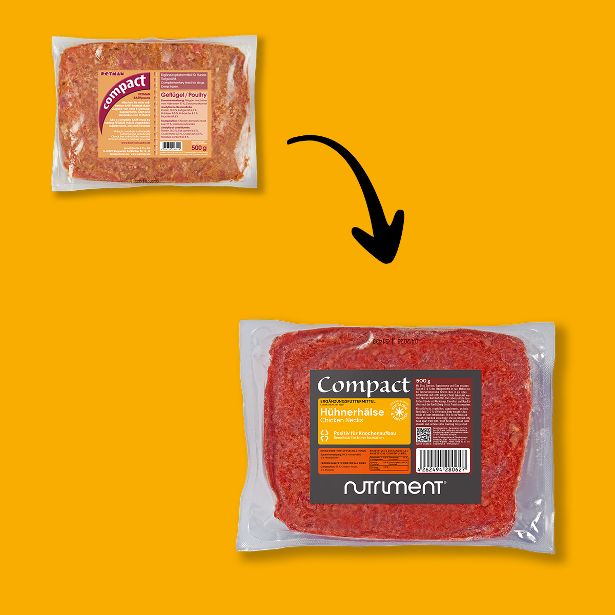 Nutriment Compact HÜHNERHÄLSE gewolft Vorher-nachher Bild von verpacktem Hühnerhälse-Hundefutter der Marken Petman Compact und Nutriment Compact.