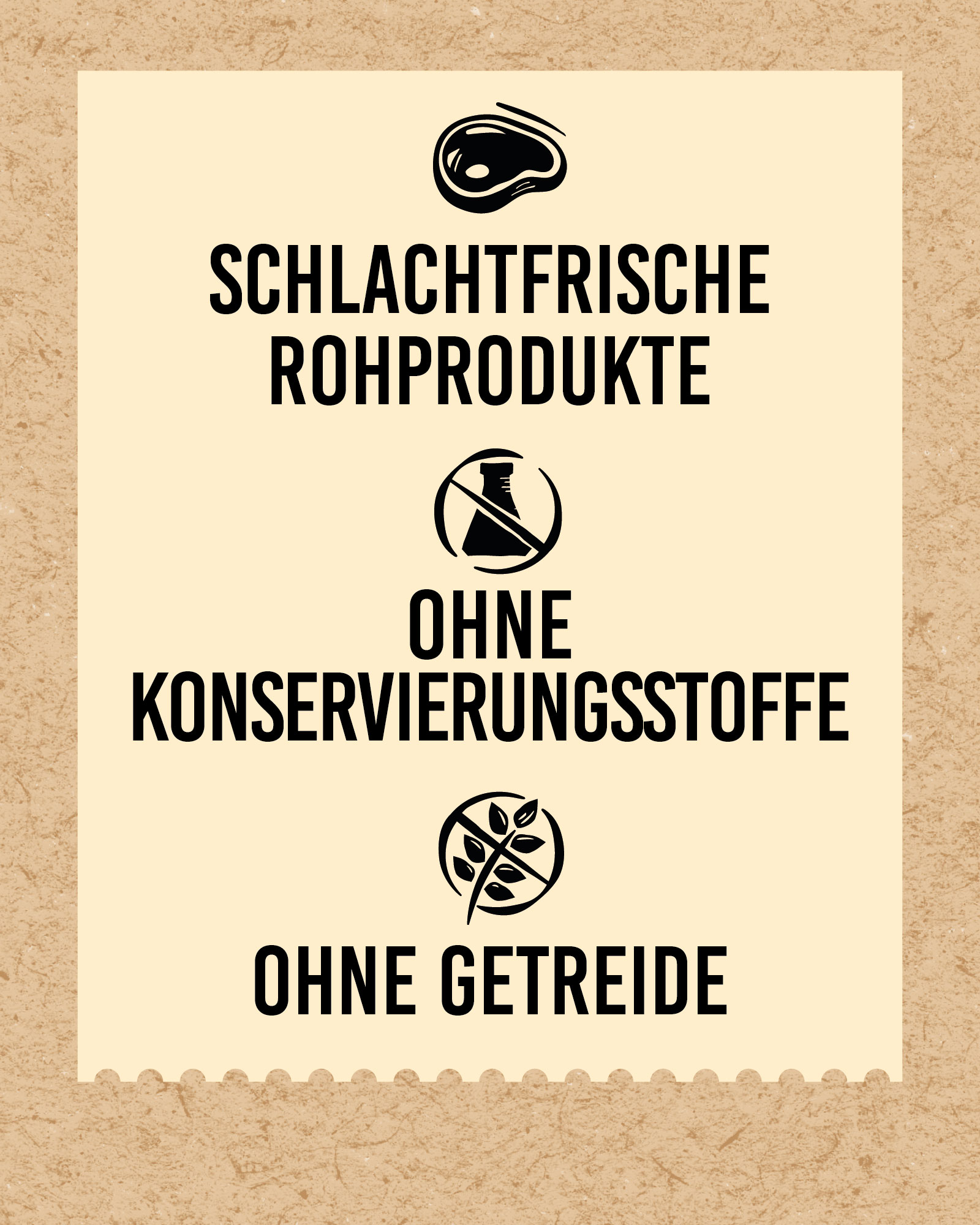 DIBO - CAT PUR GEFLÜGEL, 200g-Dose Schild mit Text: Schlachtfrische Rohprodukte, ohne Konservierungsstoffe, ohne Getreide, mit passenden Symbolen.