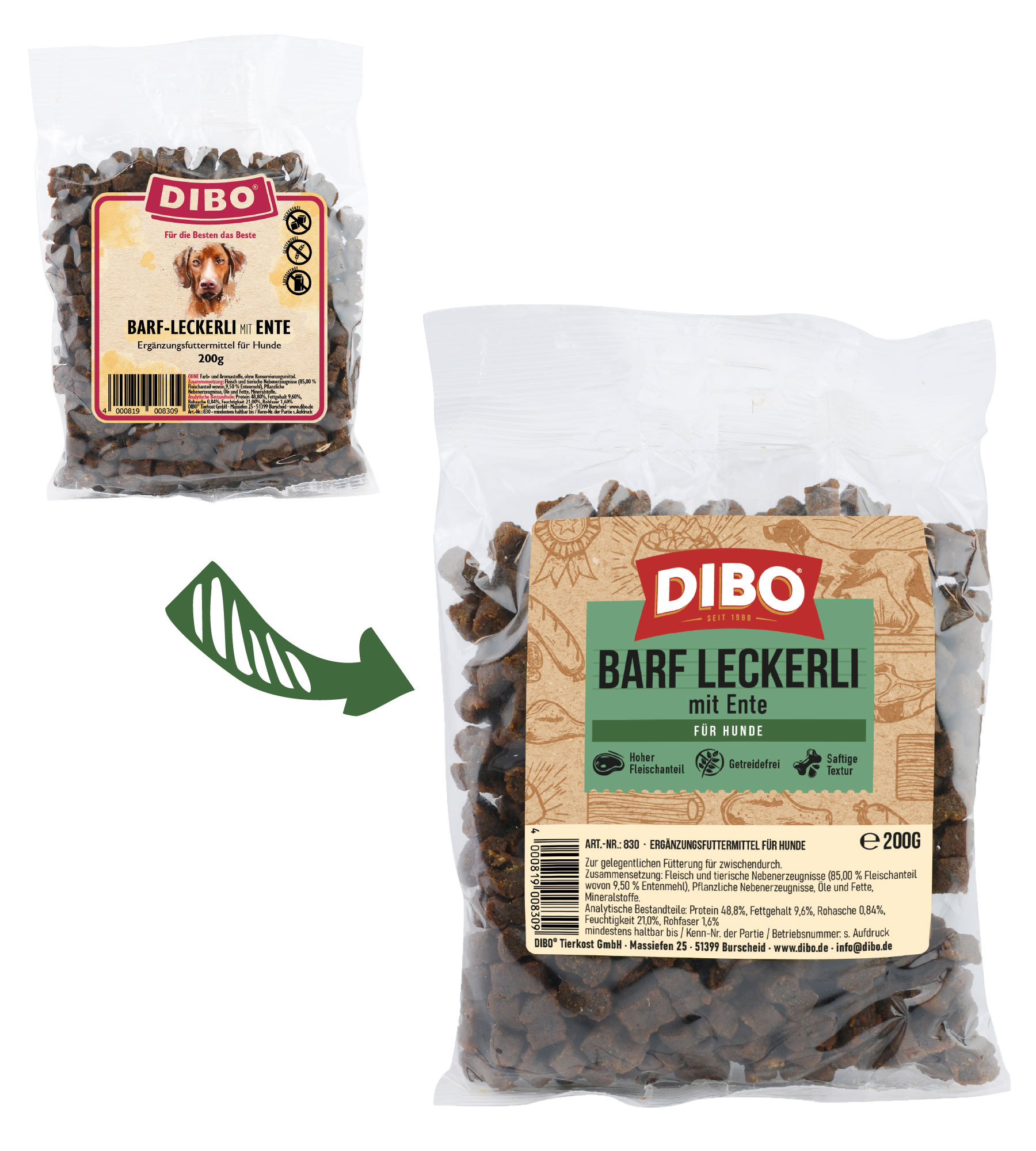 DIBO BARF-Leckerli Ente, 200g-Beutel DIBO BARF-Leckerli mit Ente, Ergänzungsfuttermittel für Hunde, 200g Packung mit Hundebild und Produktinformationen