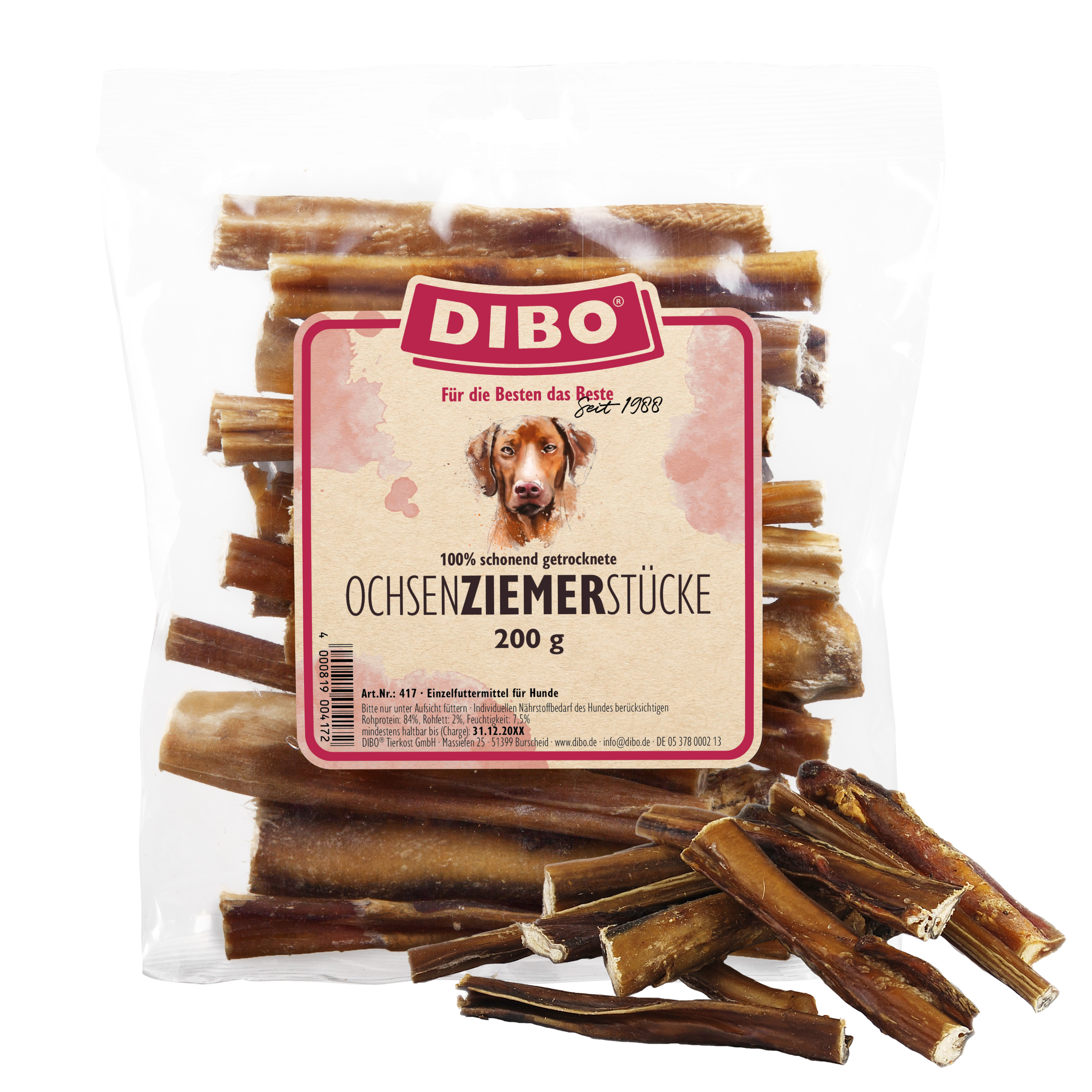 DIBO Ochsen-Ziemer, 12cm Stücke - 200g-Beutel