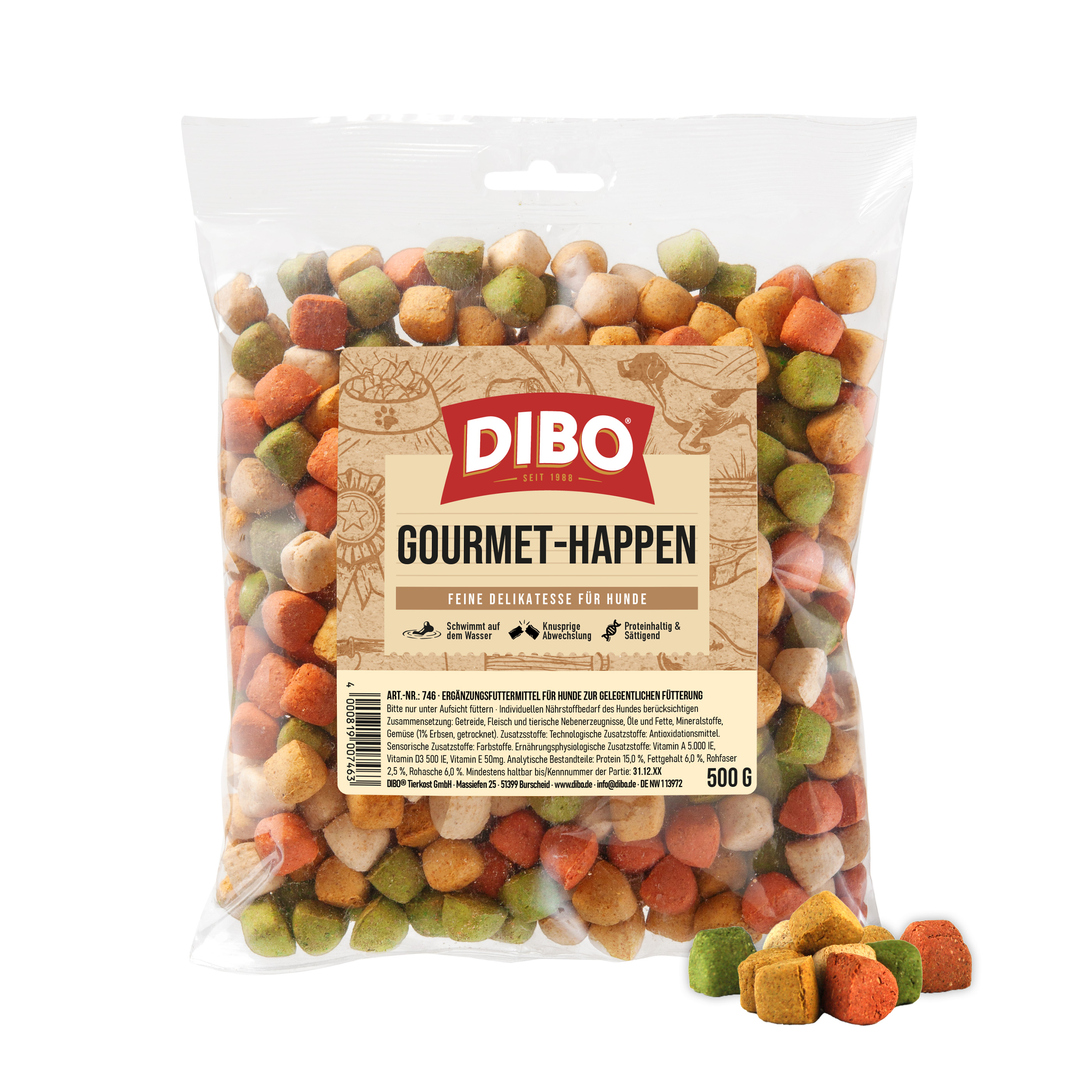 DIBO Gourmet-Happen, 500g-Beutel Packung Dibo Gourmet-Happen Hundesnack mit bunten, kleinen, knusprigen Happen in verschiedenen Farben