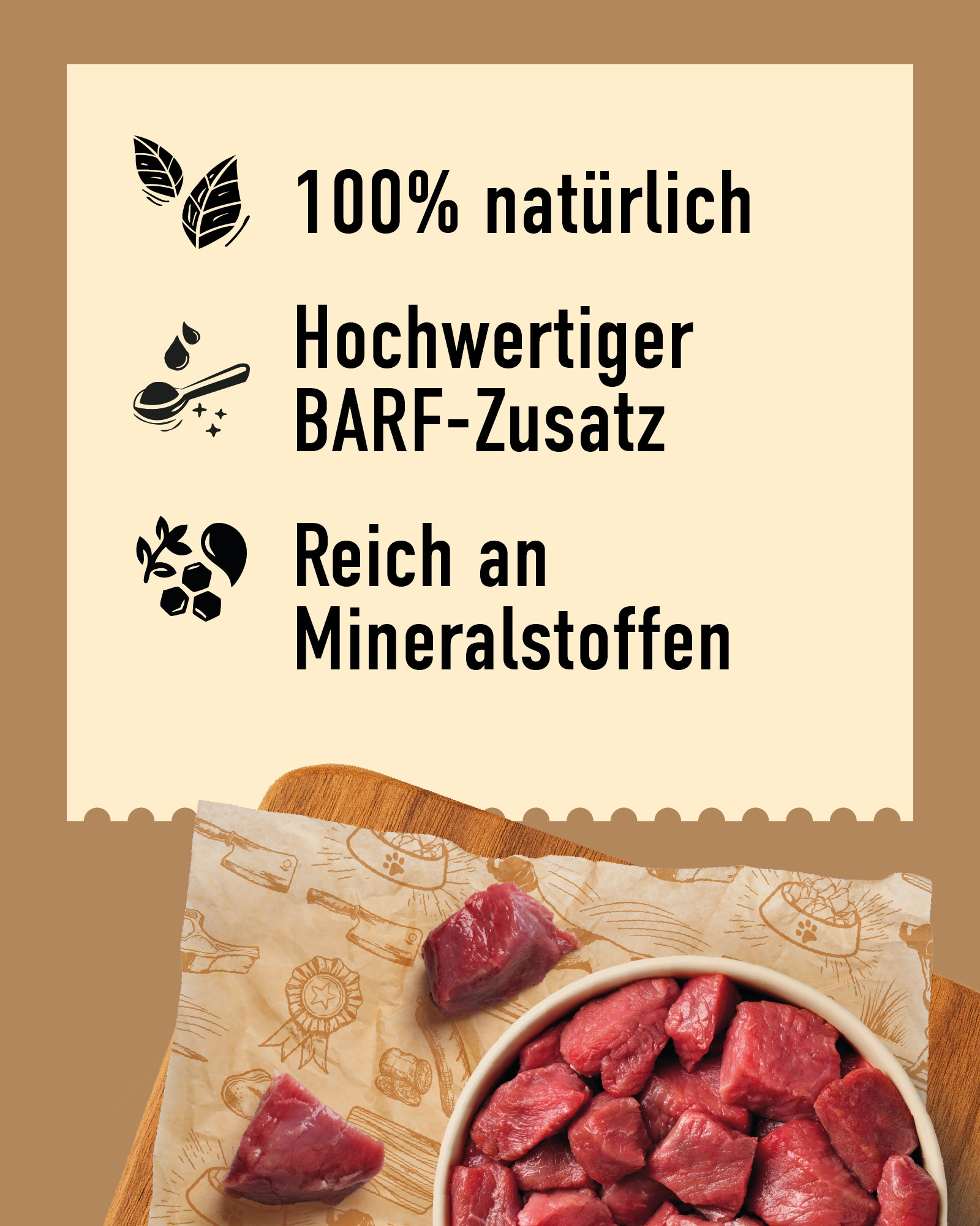 DIBO BARF VitalComplete, 450g-Dose Text mit Vorteilen: 100% natürlich, hochwertiger BARF-Zusatz, reich an Mineralstoffen, rohes Fleisch in Schale und auf Papier