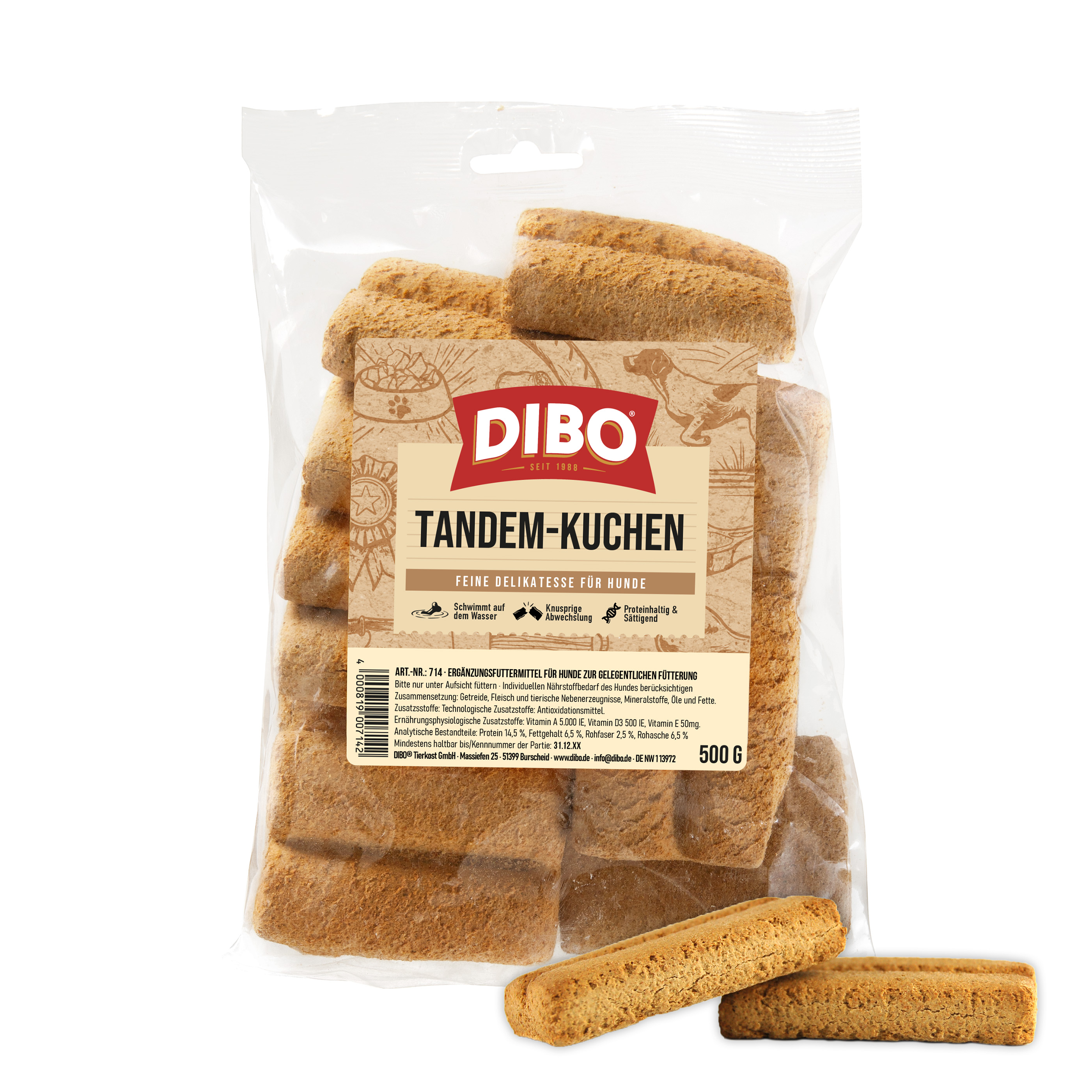 DIBO Tandem-Kuchen, 500g-Beutel Verpackung von Dibo Tandem-Kuchen, feine Delikatesse für Hunde, 500 g, mit zwei Hundekuchen davor