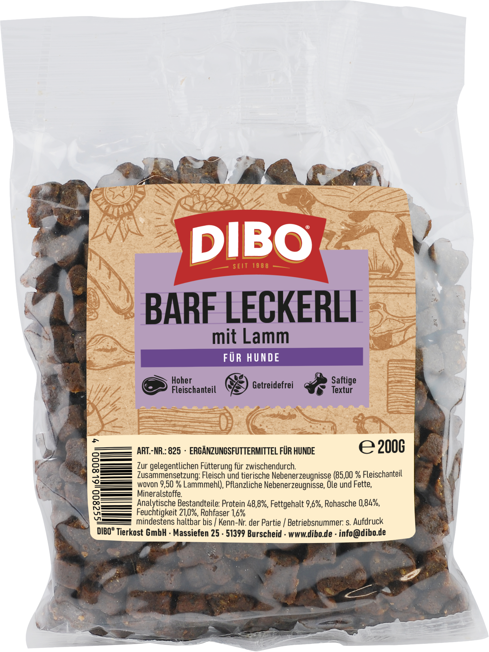 DIBO BARF-Leckerli Lamm, 200g-Beutel DIBO Barf Leckerli mit Lamm, getreidefreie Hundeleckerlis mit hohem Fleischanteil, 200g Beutel