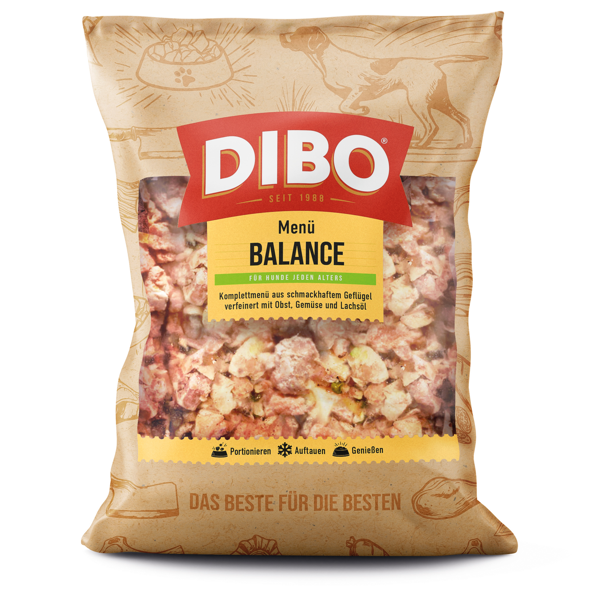 DIBO Menü-Balance - B.A.R.F.-Frostfutter für Hunde Dibo Men-Balance Hundefutter 2000g Packung mit Geflügel, Obst, Gemüse und Lachsöl für Hunde jeden Alters