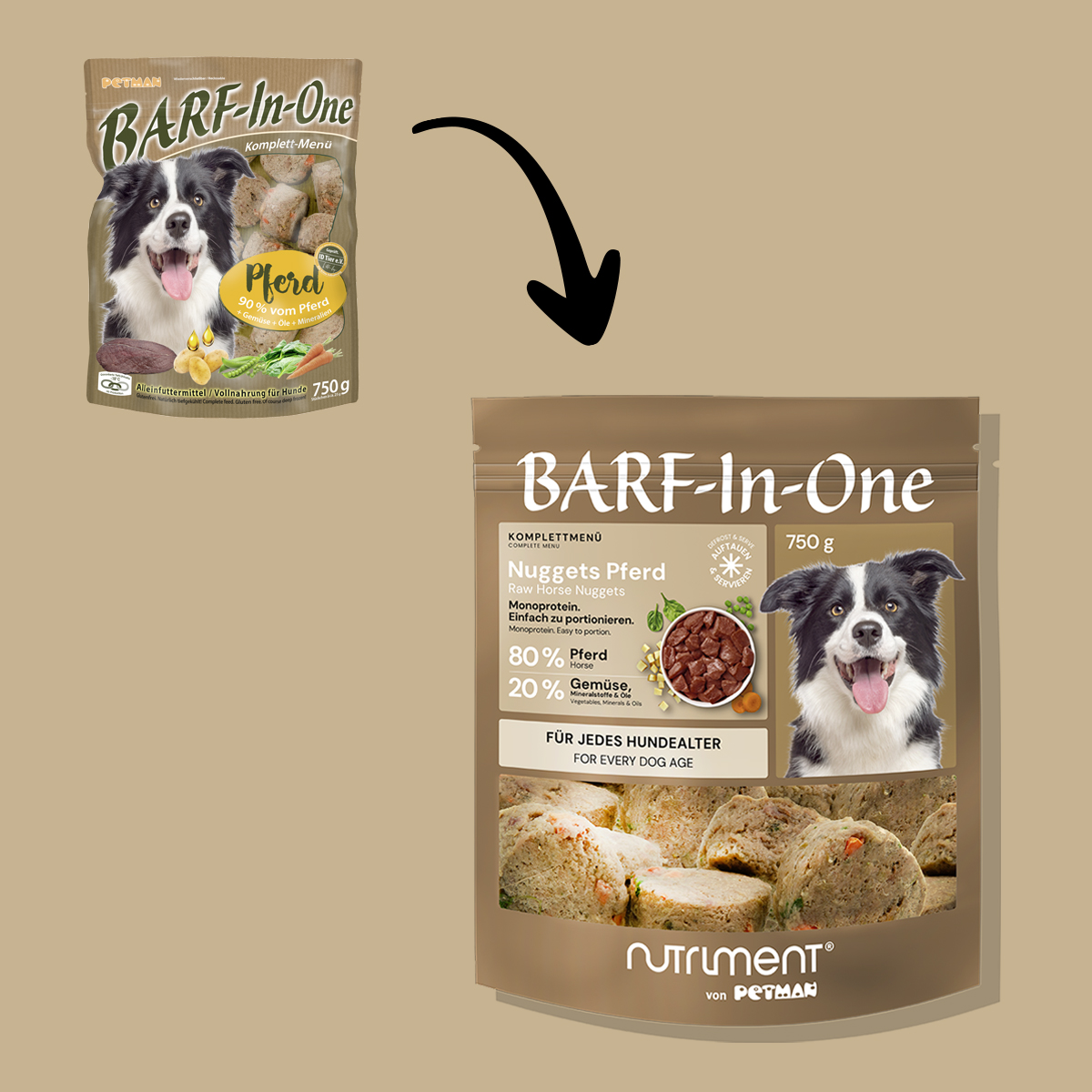 Nutriment BARF In One PFERD Vorher-nachher Vergleich der Verpackung von BARF-In-One Pferd Hundefutter von Petman, 750 g Beutel mit Hundebild.