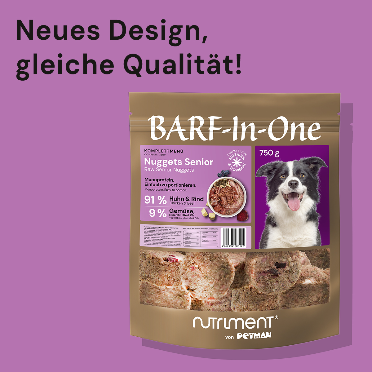 Nutriment BARF In One SENIOR Neues Design der BARF-In-One Nuggets Senior Hundefutterverpackung mit Hundebild und Produktinformationen
