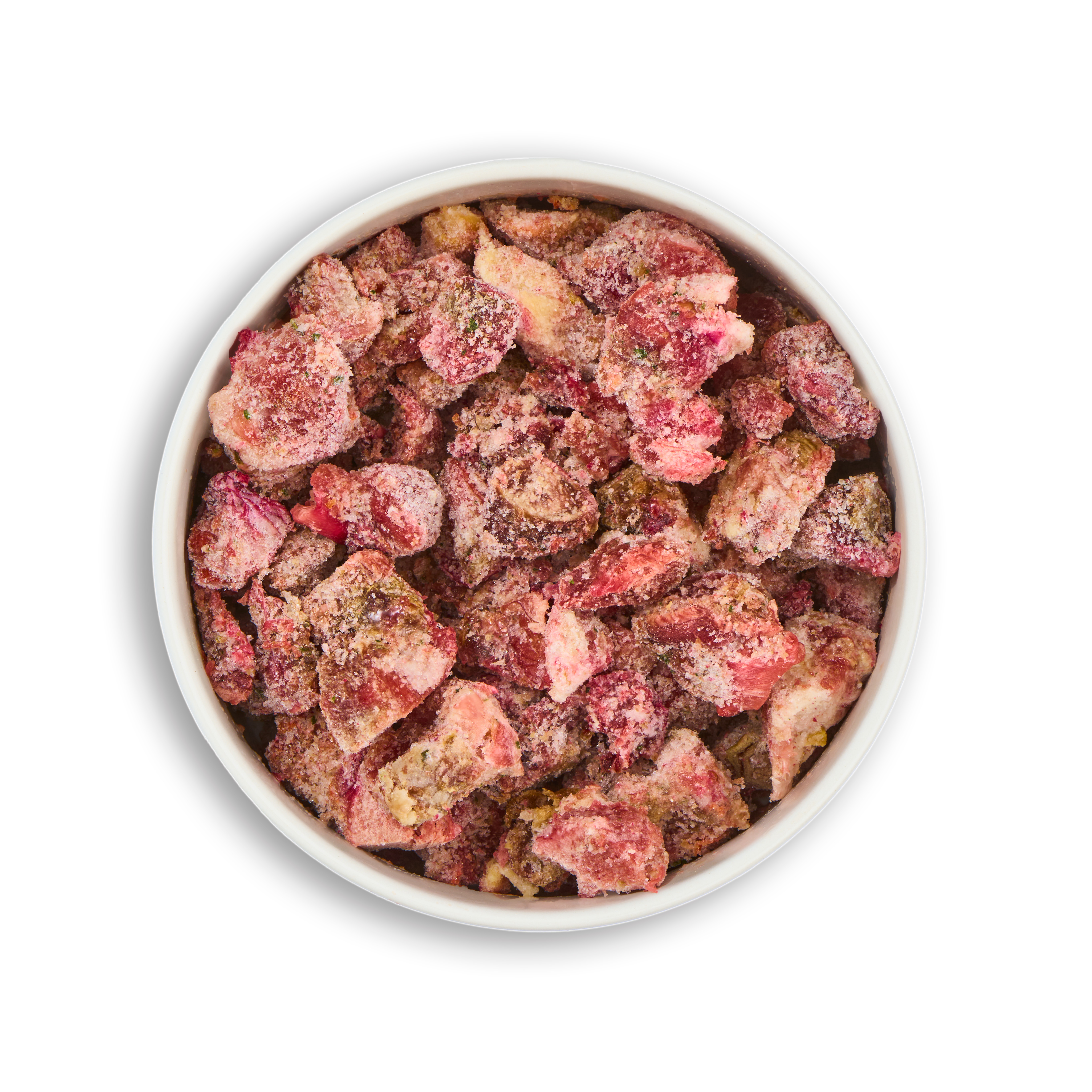 DIBO Menü-Balance - B.A.R.F.-Frostfutter für Hunde Nahaufnahme eines weißen Napfes mit gefrorenen, in Stücke geschnittenen roten und braunen Lebensmitteln