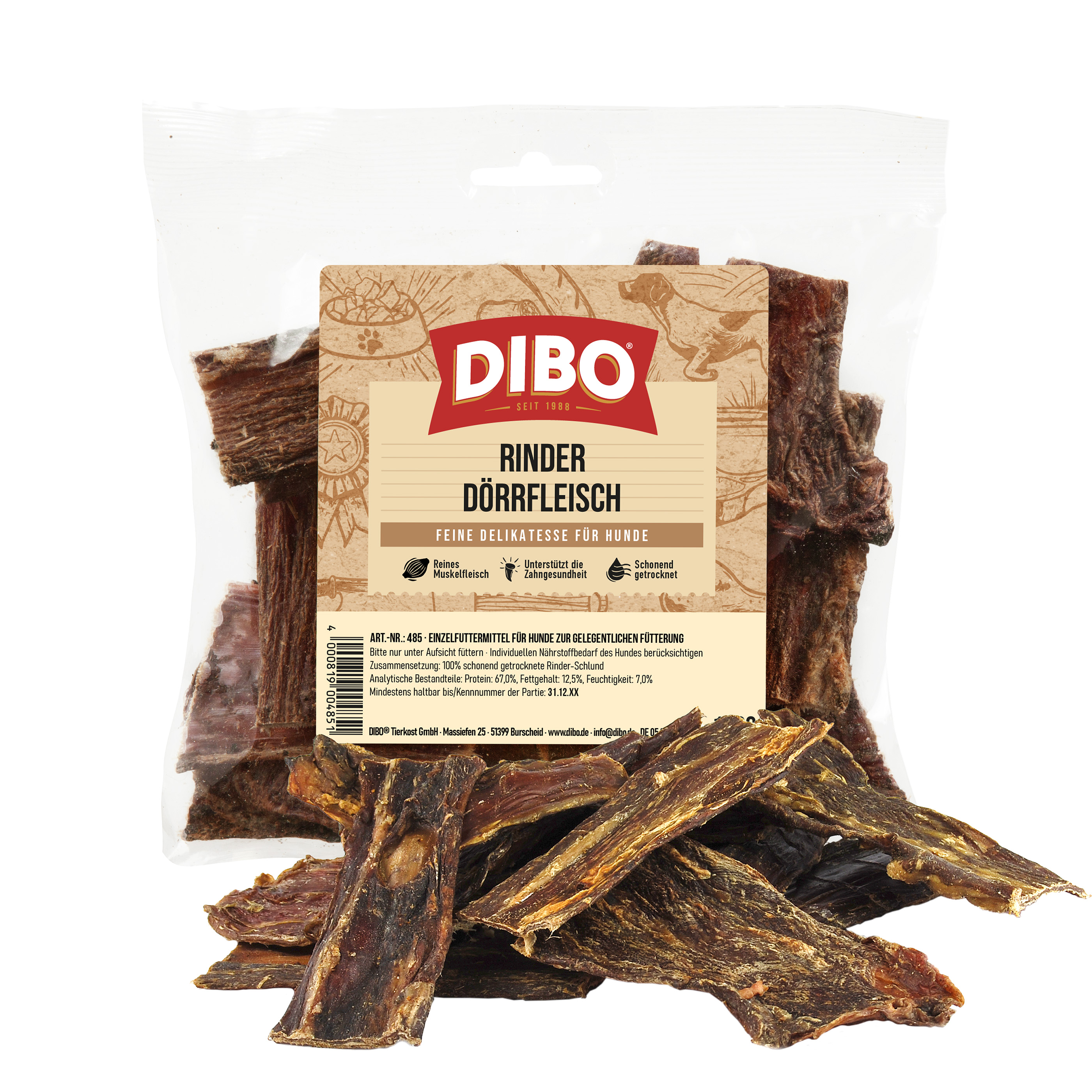 DIBO Rinder-Dörrfleisch, 100g-Beutel Packung DIBO Rinder Dörrfleisch, getrocknete Rindfleischstücke als Hundesnack