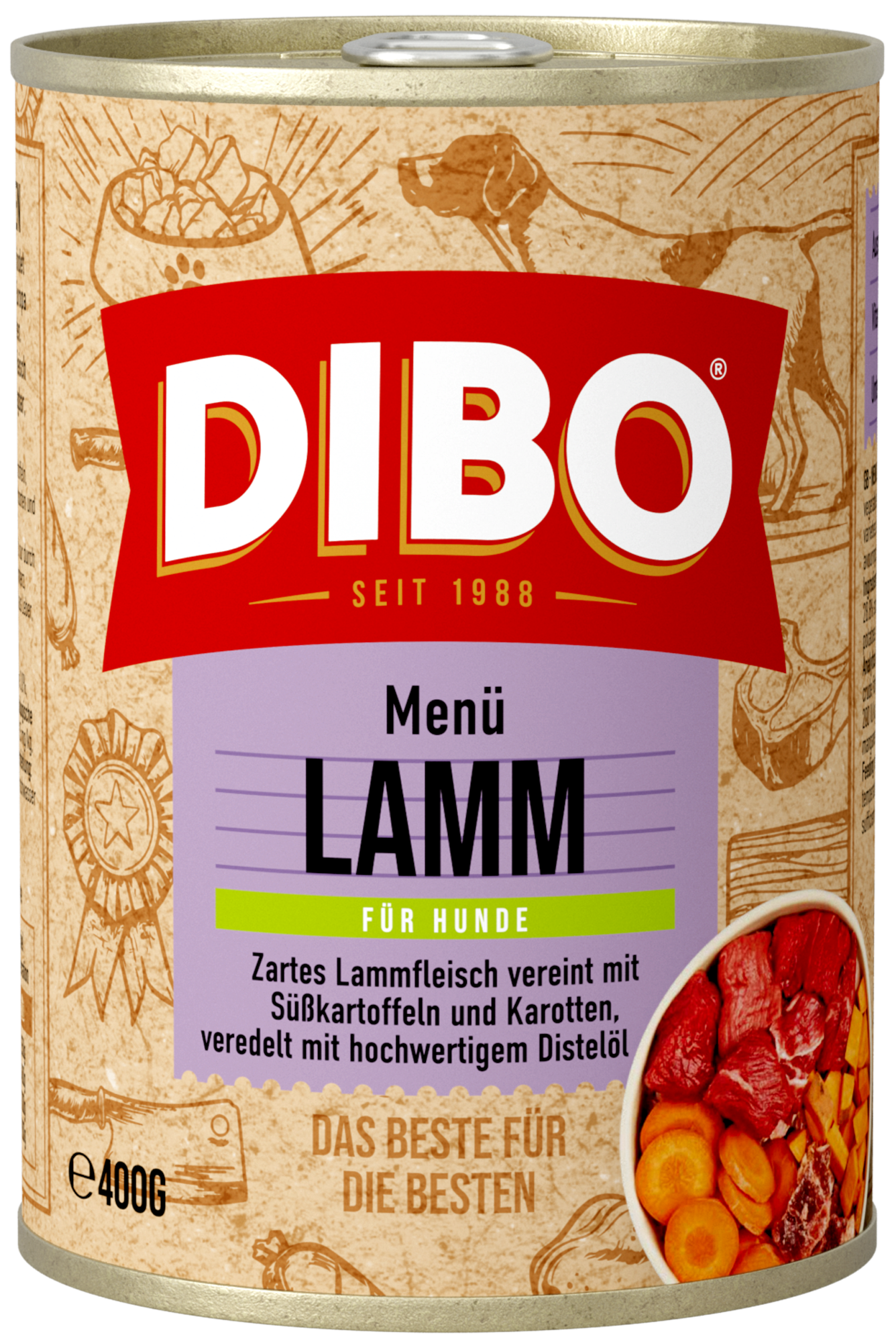 DIBO - LAMM MENÜ, 400g-Dose DIBO Hundefutter Dose 400g mit Lammfleisch, Süßkartoffeln und Karotten, veredelt mit Distelöl