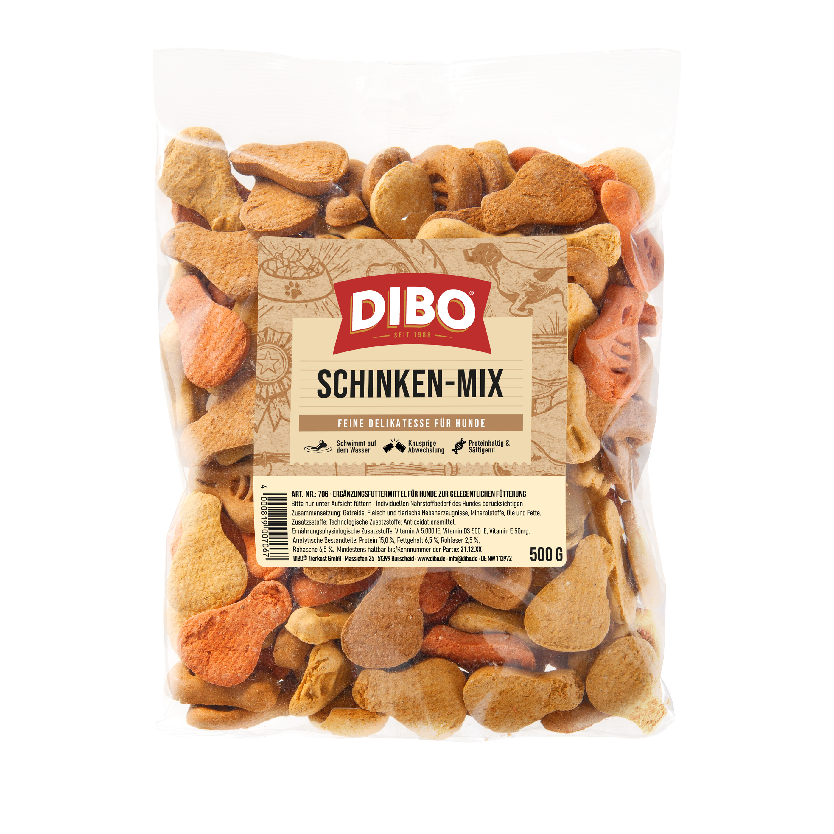 DIBO Schinken-Mix, 500g-Beutel DIBO Schinken-Mix Hundesnacks in verschiedenen Formen und Farben in einer transparenten Verpackung