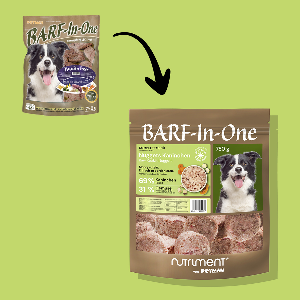 Nutriment BARF In One KANINCHEN Vergleich altes und neues Verpackungsdesign von BARF-In-One Kaninchenfutter für Hunde, 750 g