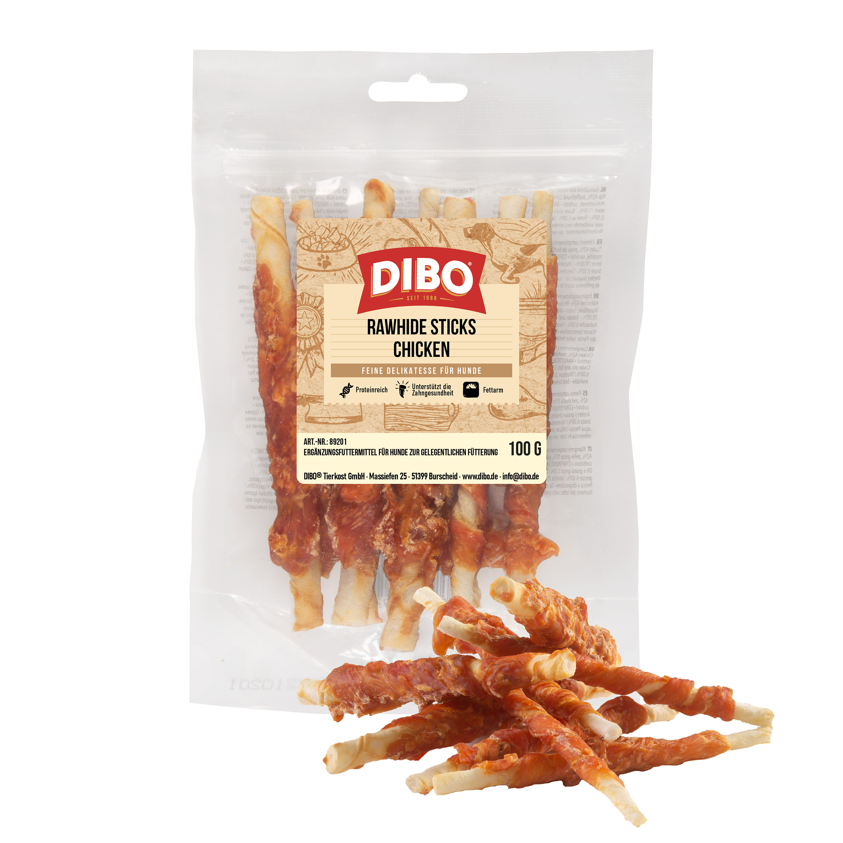DIBO RawHide Sticks Chicken, 100g-Beutel DIBO Rawhide Sticks Chicken Hundesnack in transparenter Verpackung, 100 g