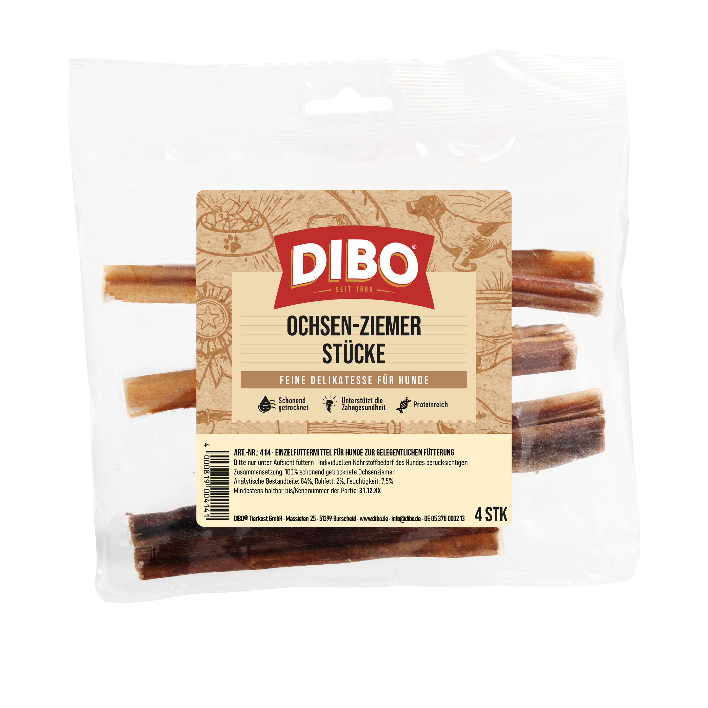 DIBO Ochsen-Ziemer, 12cm Stücke - 4 Stück-Beutel Verpackung von DIBO Ochsen-Ziemer Stücke, feine Delikatesse für Hunde, 4 Stück, schonend getrocknet