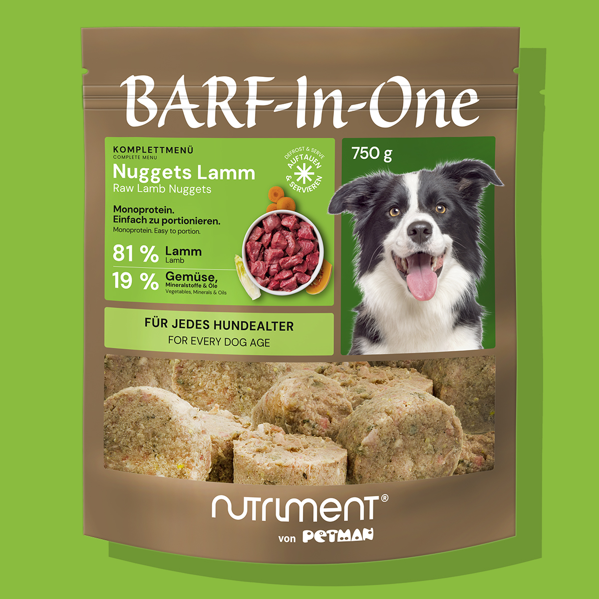 Nutriment BARF In One LAMM Nutriment BARF-In-One Nuggets Lamm 750g Hundefutter mit 81% Lamm und 19% Gemüse, für jedes Hundealter