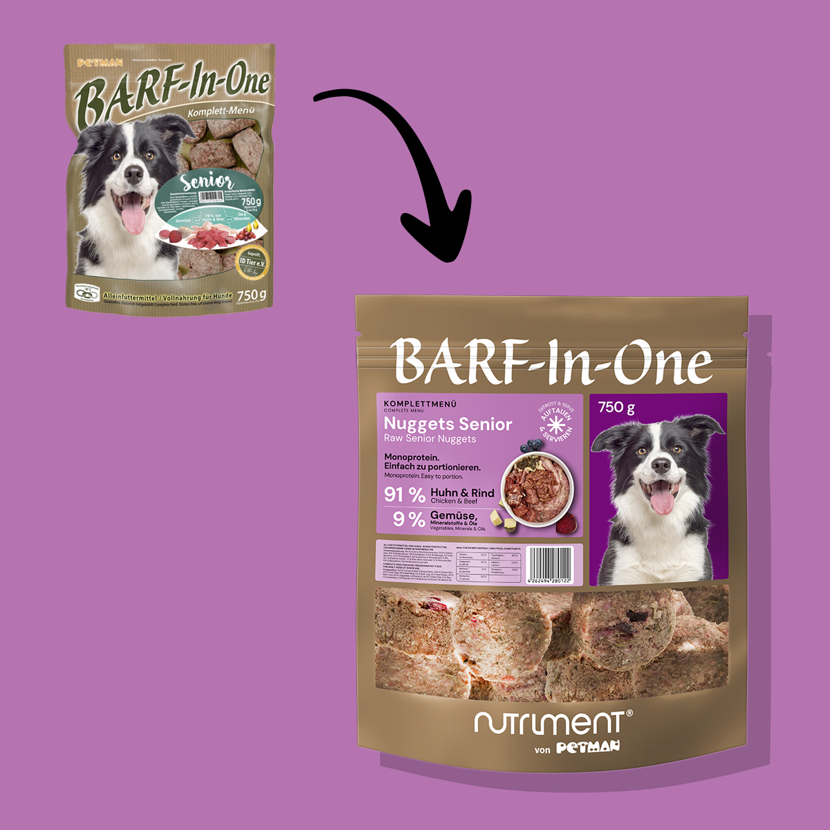 Nutriment BARF In One SENIOR Vergleich der Verpackungen von BARF-In-One Senior Hundefutter, alt und neu, mit Hundebild und Produktinformationen
