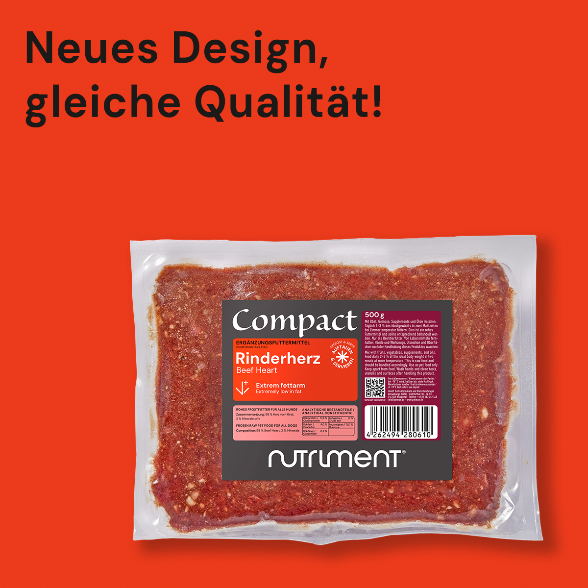 Nutriment Compact RINDERHERZ Verpackung von Nutriment Compact Rinderherz 500g mit neuem Design auf rotem Hintergrund