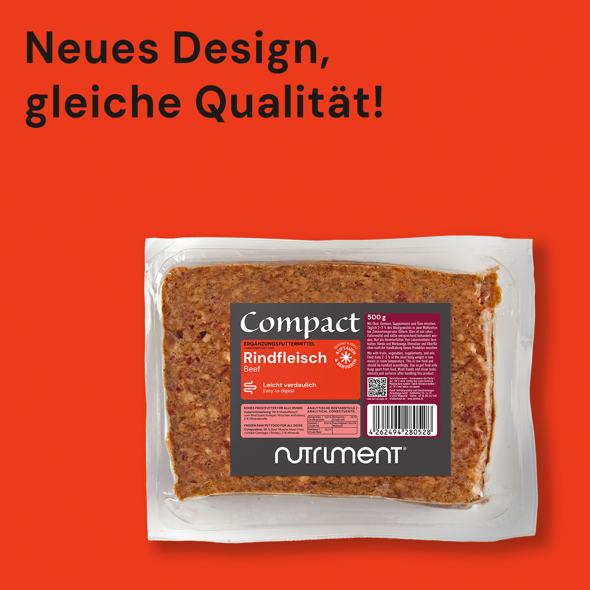 Nutriment Compact RINDFLEISCH Verpackung von Nutriment Compact Rindfleisch Hundefutter mit neuem Design auf rotem Hintergrund