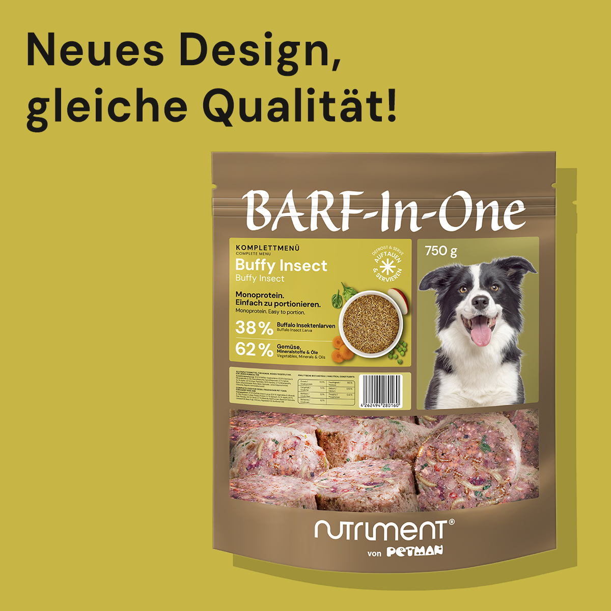 Nutriment BARF In One BUFFY Insect Neues Design der BARF-In-One Buffy Insect Hundenahrung mit Bild eines Hundes und Produktinformationen auf gelbem Hintergrund.