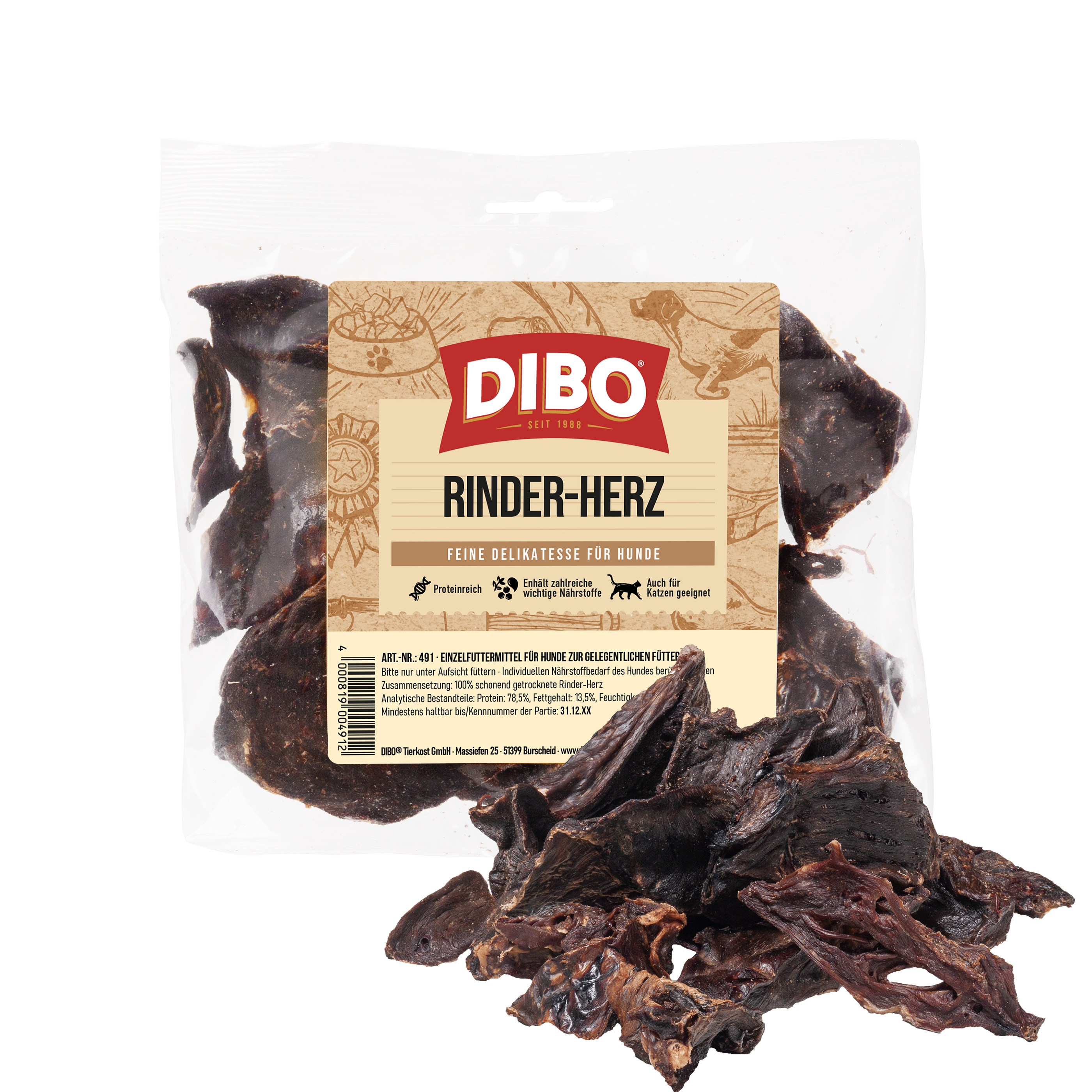 DIBO Rinder-Herz, entfettet, 100g-Beutel Verpackung von DIBO Rinder-Herz, getrocknete Rinderherzstücke als Hundesnack, teilweise aus der Verpackung heraus