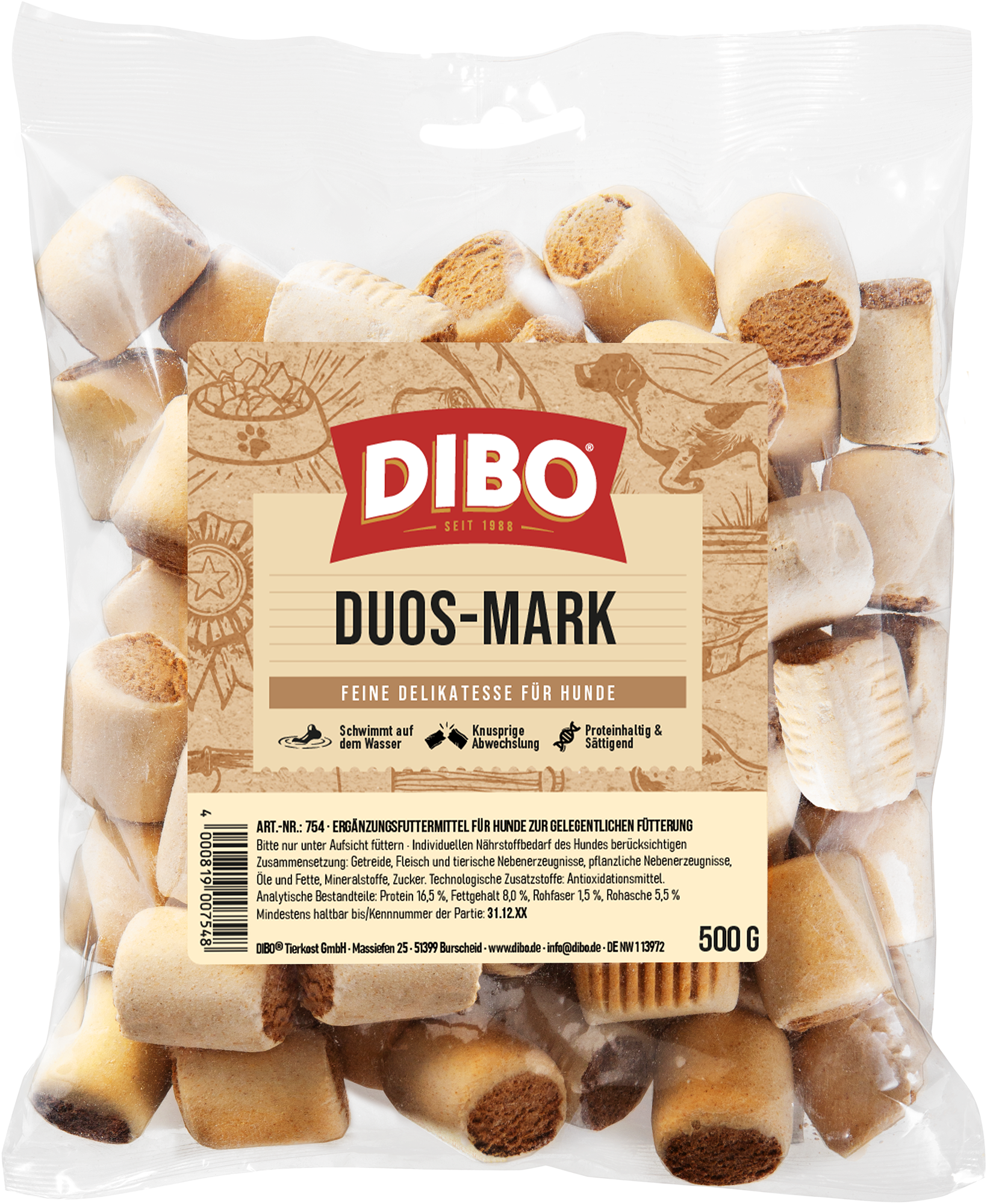 DIBO Duos-Mark, 10kg-Karton Dibo Duos-Mark Hundesnacks in einer transparenten Verpackung mit braunem Etikett und Produktinformationen