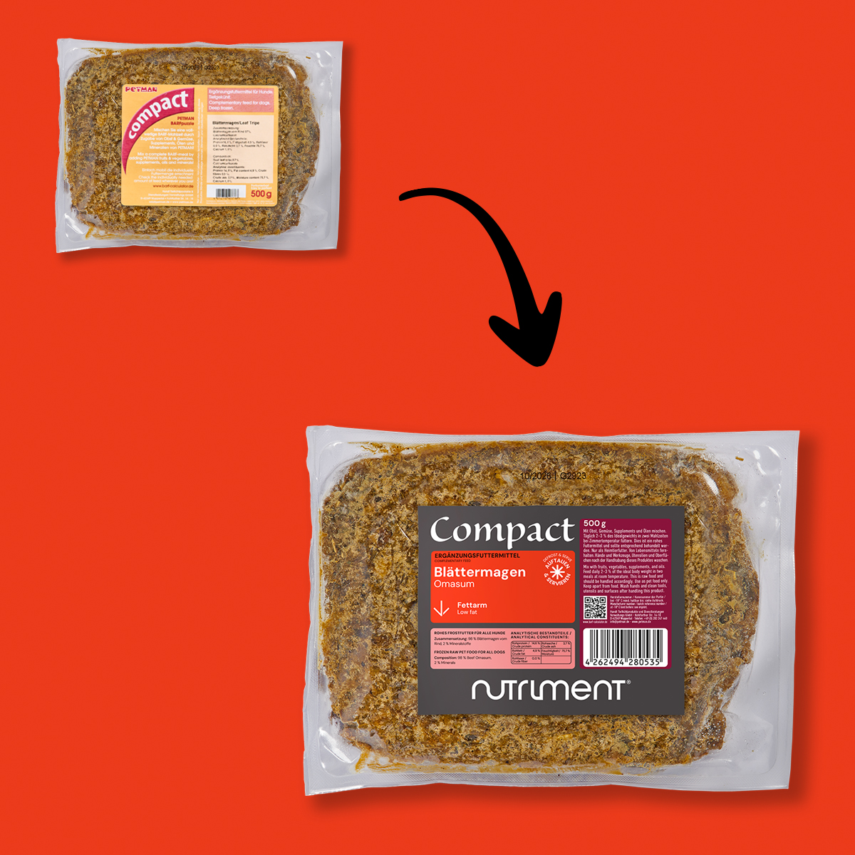 Nutriment Compact BLÄTTERMAGEN Vorher-nachher Vergleich der Verpackung von Nutriment Compact Blättermagen für Hunde auf rotem Hintergrund.