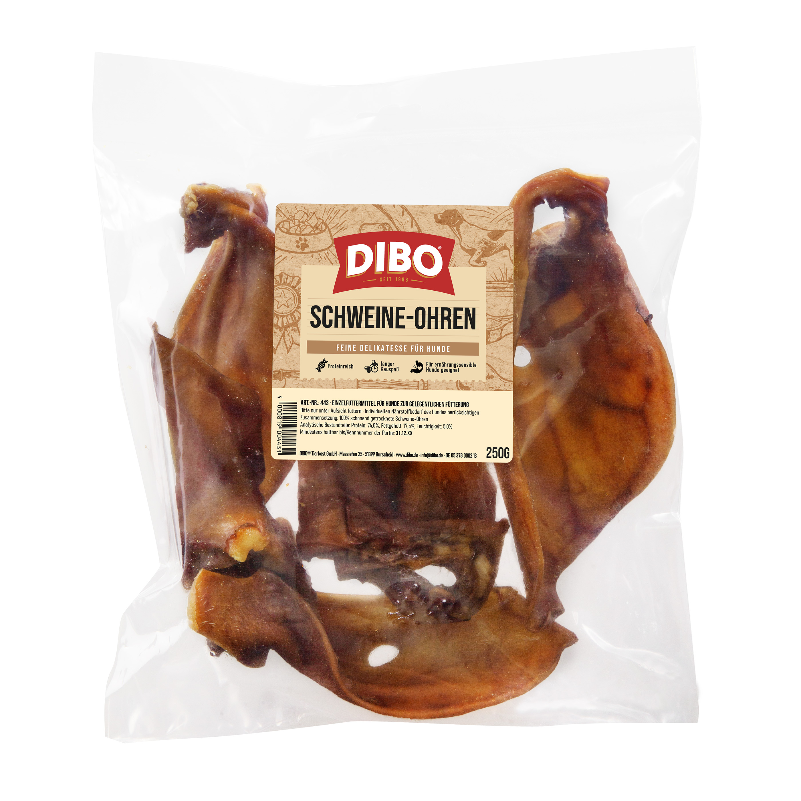 DIBO Schweine-Ohren, 250g-Beutel Verpackung mit DIBO Schweine-Ohren, getrocknete Schweineohren als Hundesnack, 250g