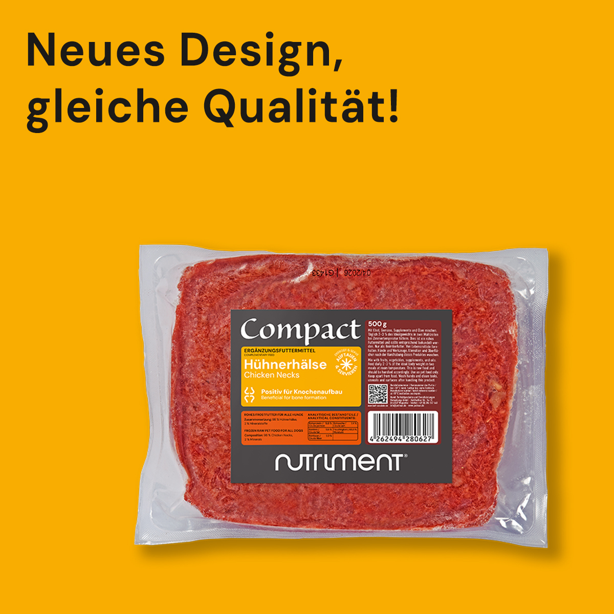 Nutriment Compact HÜHNERHÄLSE gewolft Verpackung von Nutriment Compact Hühnerhälse mit neuem Design auf orangefarbenem Hintergrund