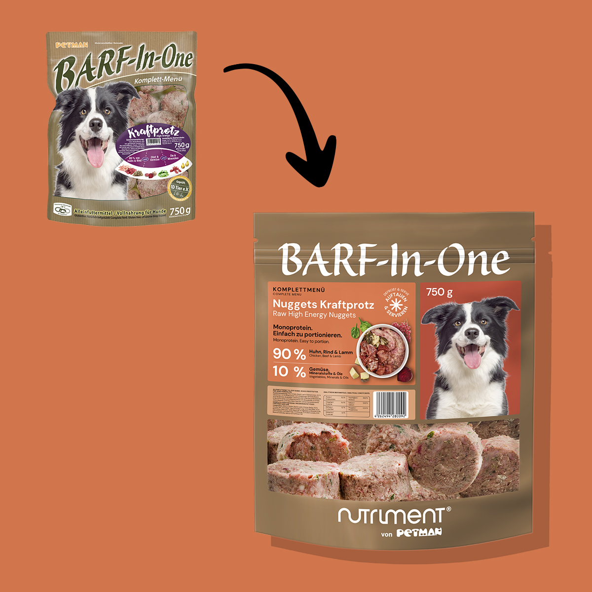 Nutriment BARF In One KRAFTPROTZ (High Energy) Vorher-nachher Vergleich der Verpackung von BARF-In-One Kraftprotz Hundenahrung, 750 g, mit Hundebild und Produktdetails