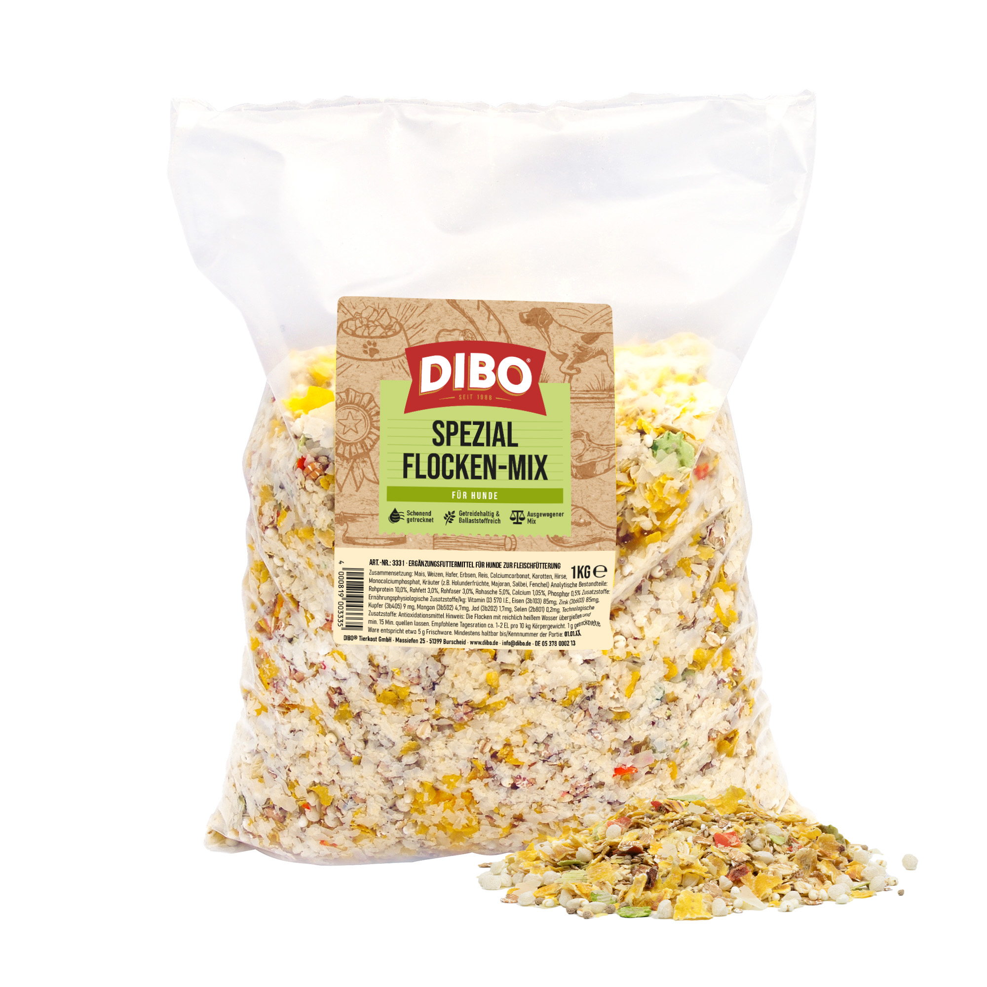 DIBO Spezial-Flocken-Mix, 1kg-Beutel 1-kg-Packung DIBO Spezial Flocken-Mix Hundefutter mit Flockenmischung daneben auf weißem Hintergrund