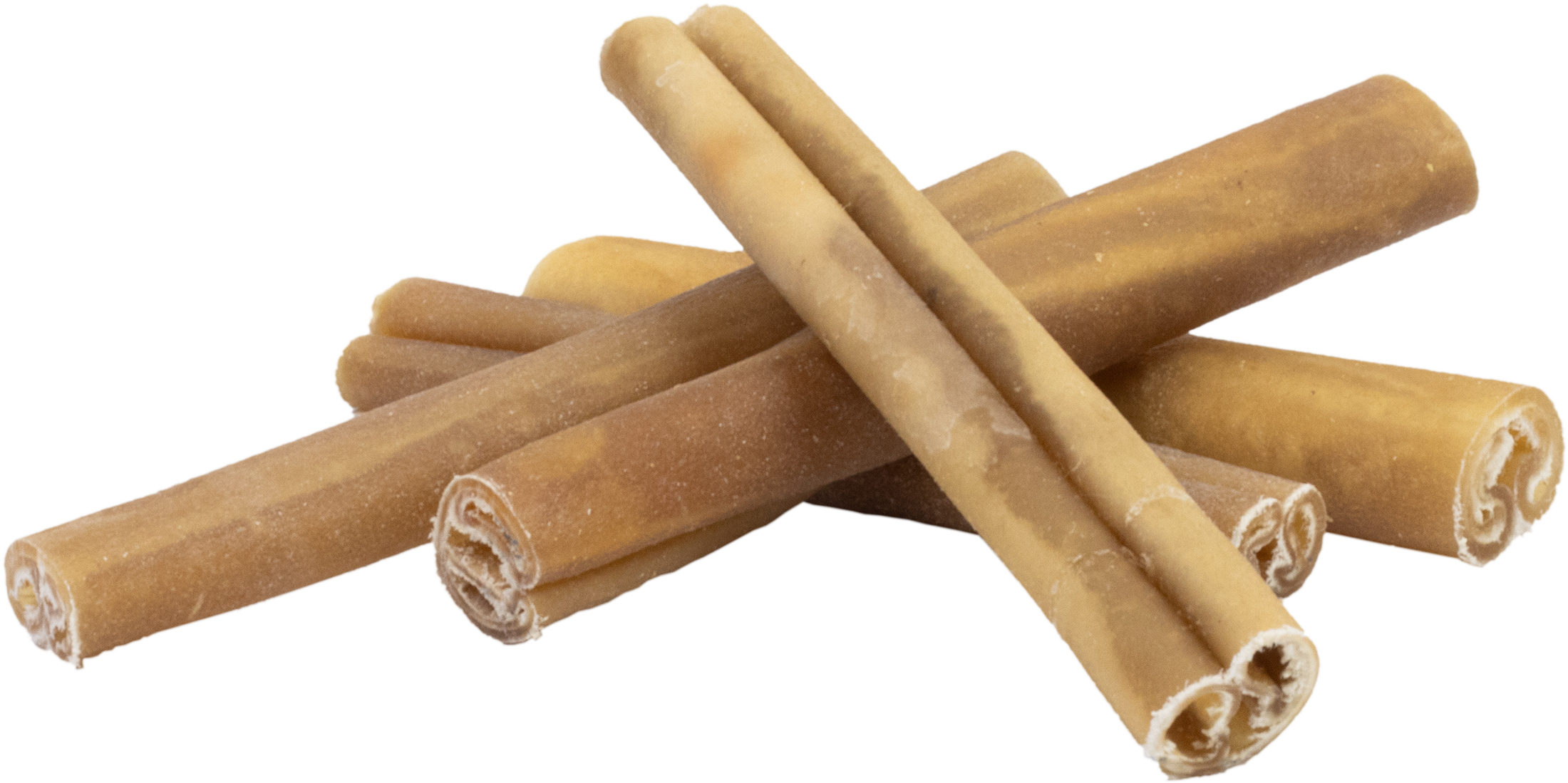 DIBO Kollagen Sticks, 150g Mehrere braune Kollagen-Sticks ausgerollt und übereinander liegend auf weißem Hintergrund