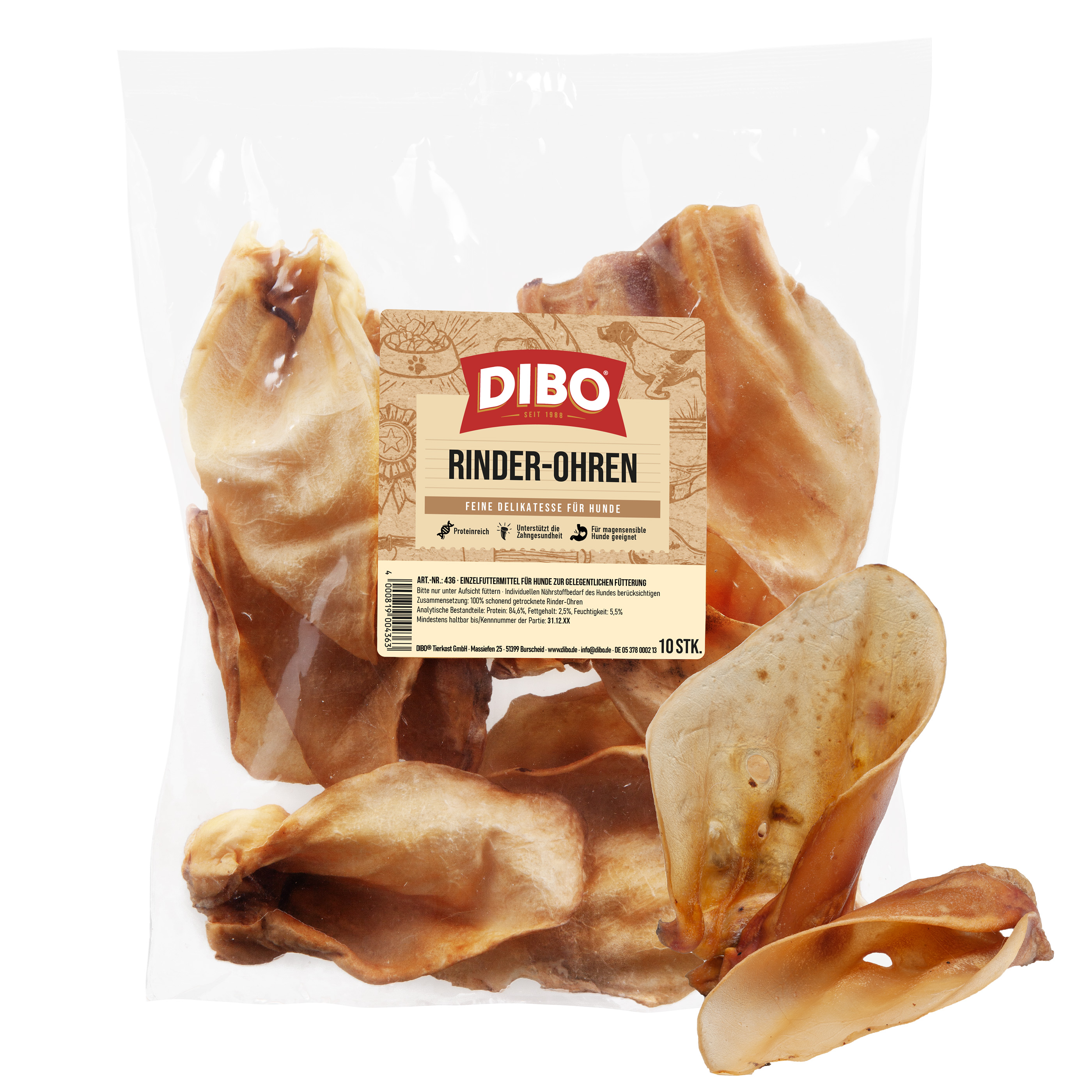Transparente Verpackung, getrocknete Rinderohren, 10 Stück, braun, DIBO-Logo, Hundebild, Etikett mit Produktinformationen.