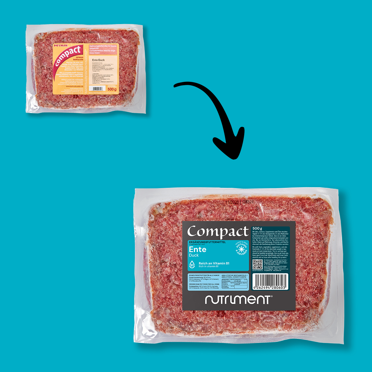 Nutriment Compact ENTE Vorher-nachher-Bild von verpacktem Enten-Hundefutter der Marke Nutriment Compact auf blauem Hintergrund