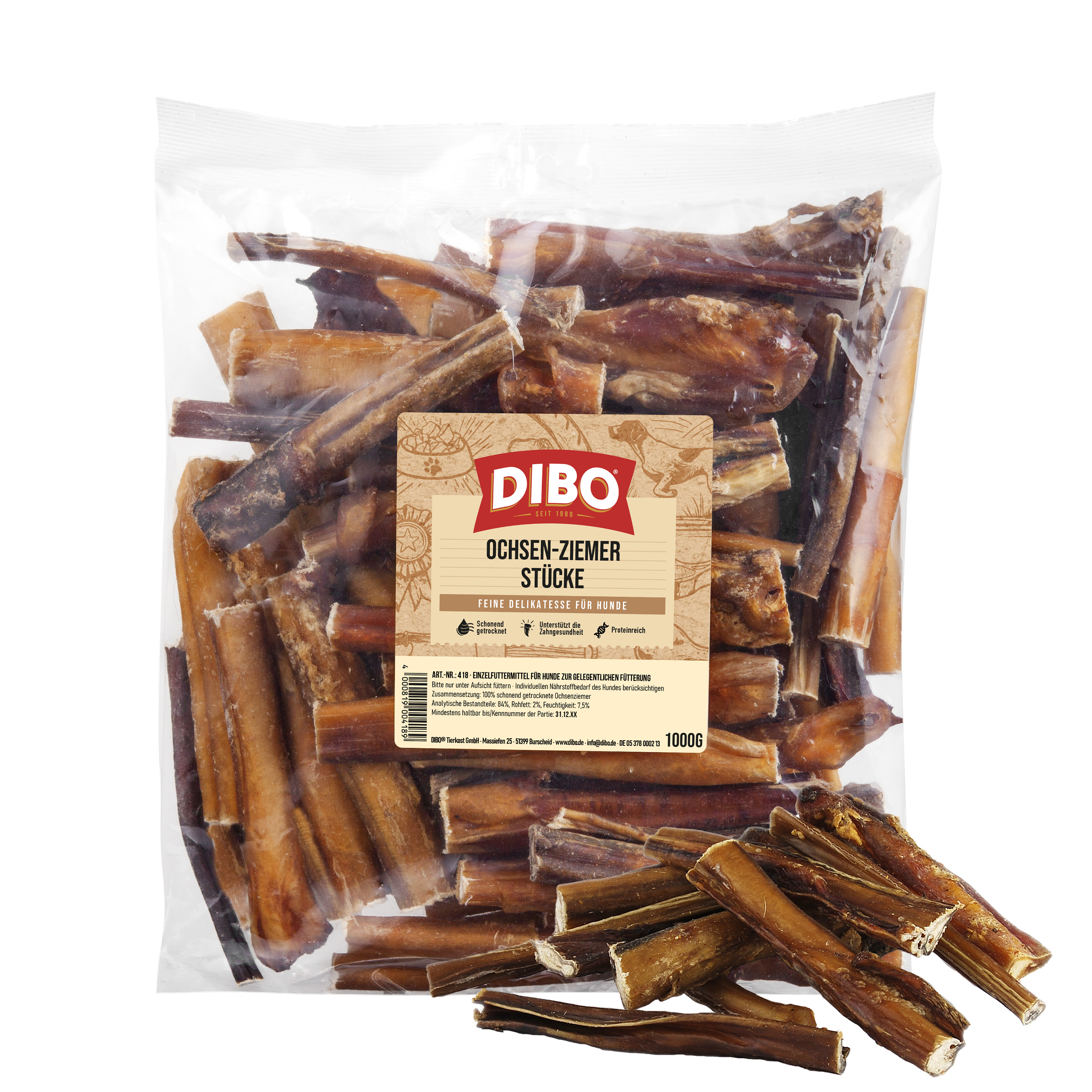 DIBO Ochsen-Ziemer, 12cm Stücke - 1000g-Beutel