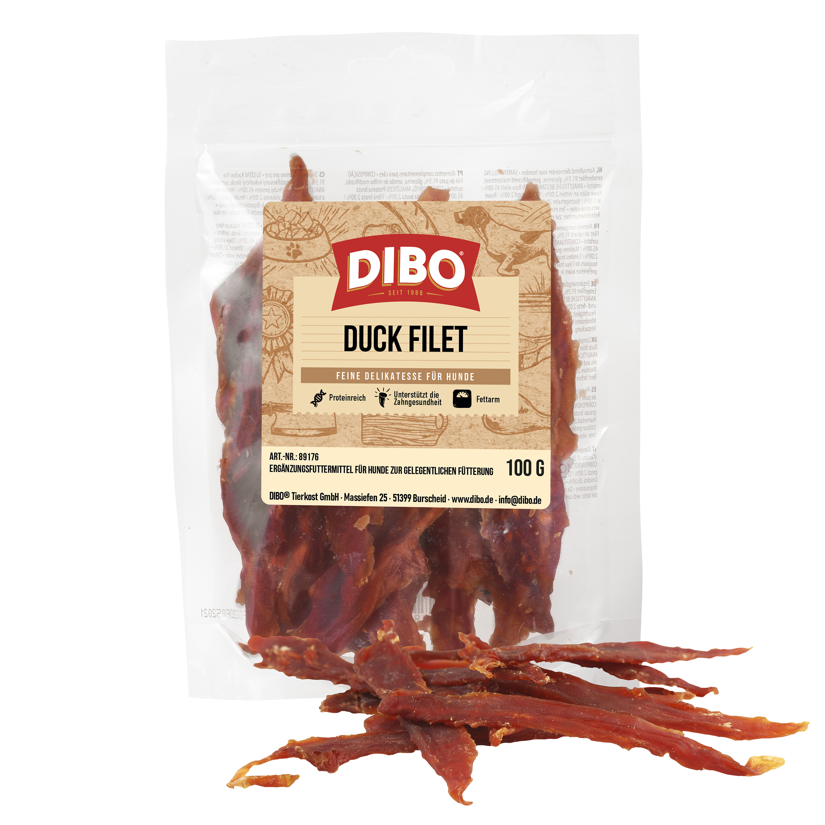 DIBO Duck Filet, 100g-Beutel DIBO Duck Filet Hundesnack 100g in transparenter Verpackung mit getrockneten Entenfilets