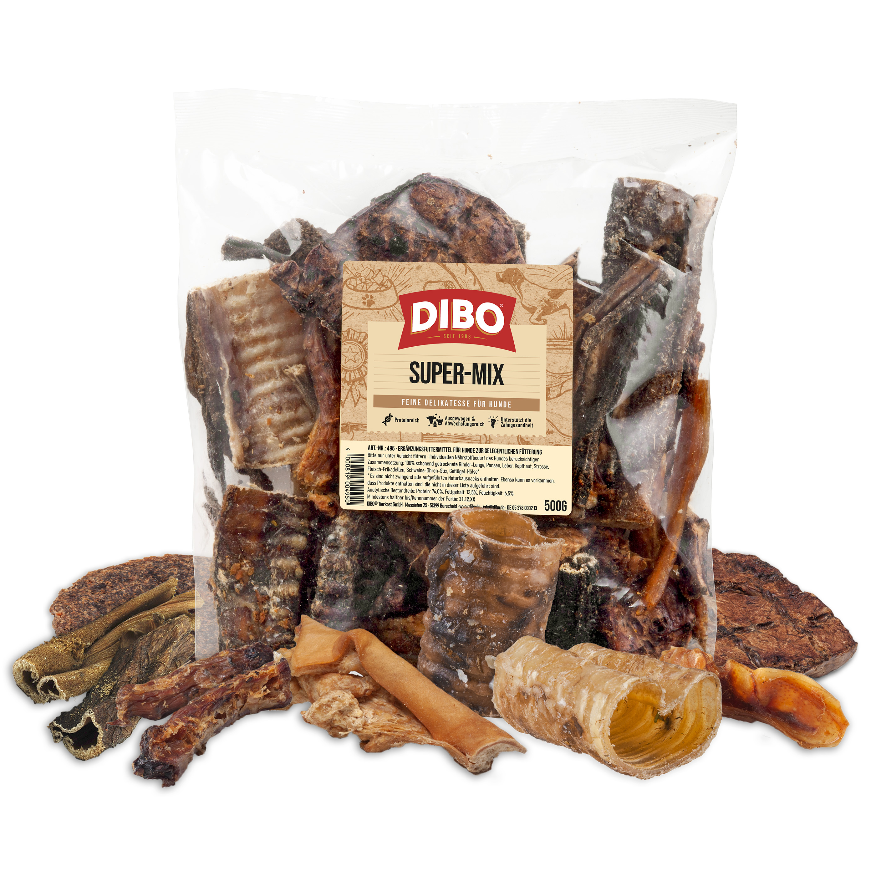 DIBO Super-Mix, 500g-Beutel DIBO Super-Mix 500g, feine Delikatesse für Hunde, verschiedene getrocknete Kauartikel in transparenter Verpackung
