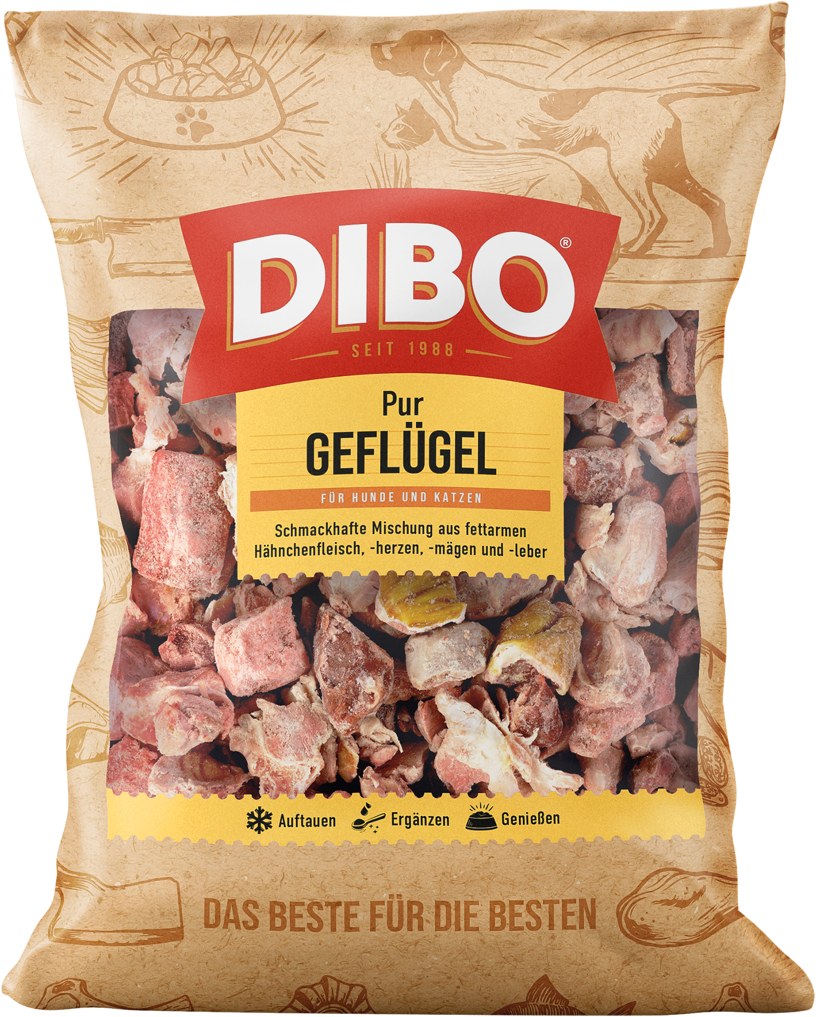 DIBO Geflügel - B.A.R.F.-Frostfutter für Hunde und Katzen DIBO PUR Produkt mit Geflügel