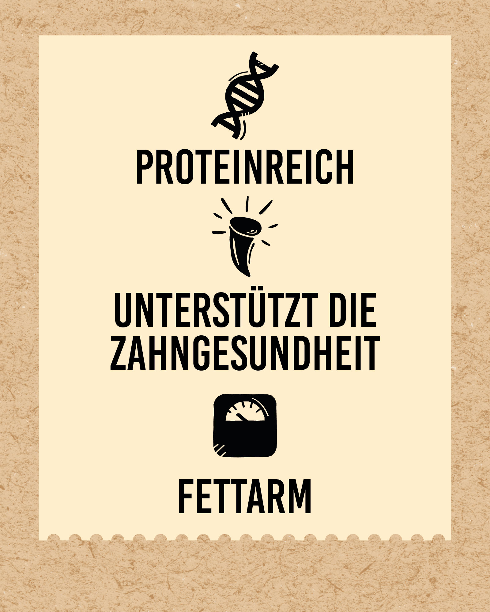 DIBO Chicken Strips, 100g-Beutel Grafik mit Text: proteinreich, unterstützt die Zahngesundheit, fettarm, auf beigem Hintergrund mit Symbolen