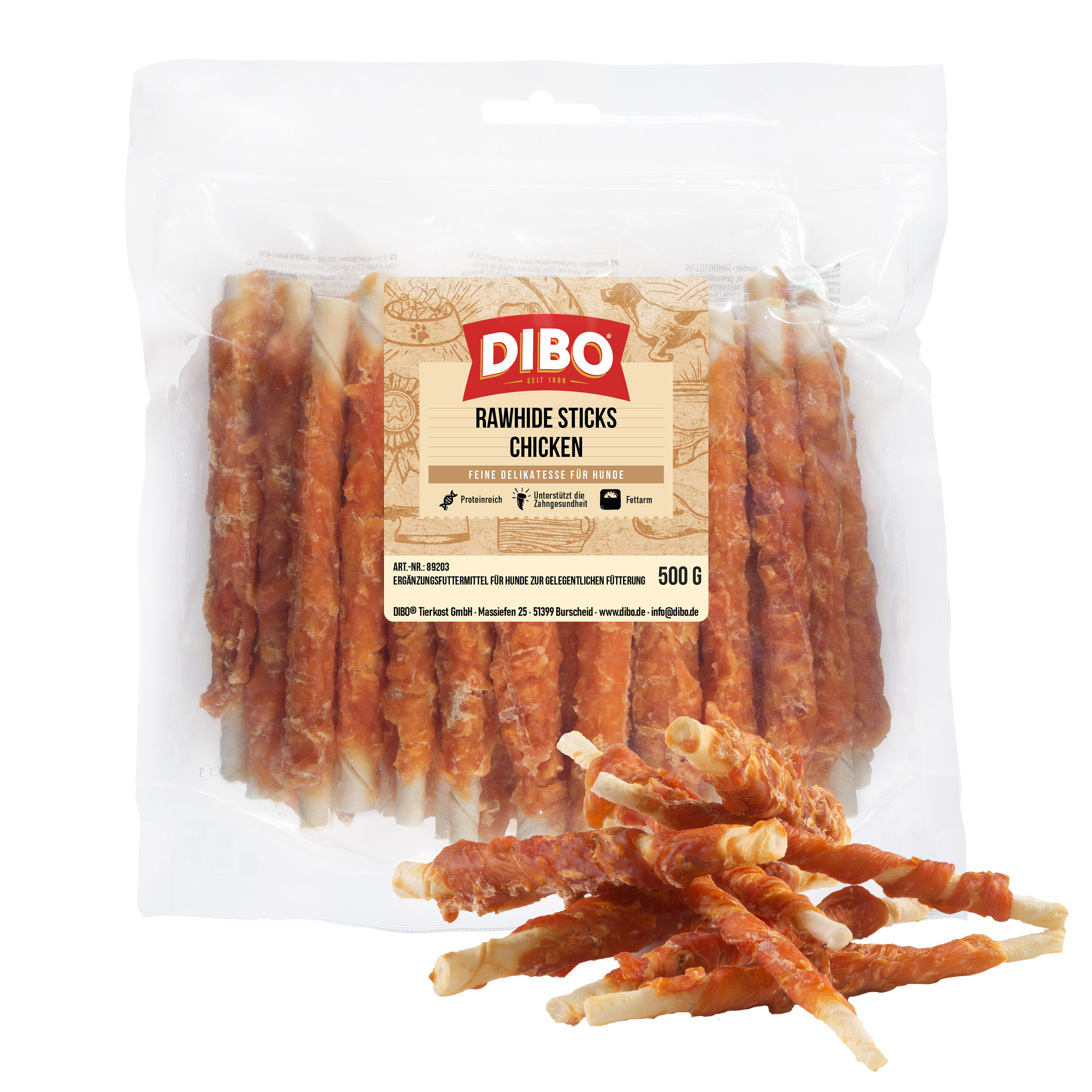 DIBO RawHide Sticks Chicken, 500g-Beutel DIBO Rawhide Sticks Chicken Hundesnack 500g in transparenter Verpackung mit einzelnen Sticks davor