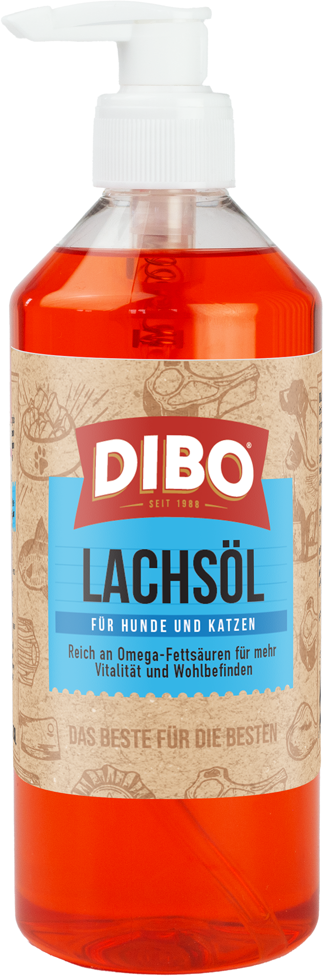 DIBO Lachsöl, 500ml-Flasche Flasche DIBO Lachsöl für Hunde und Katzen mit Pumpverschluss, reich an Omega-Fettsäuren