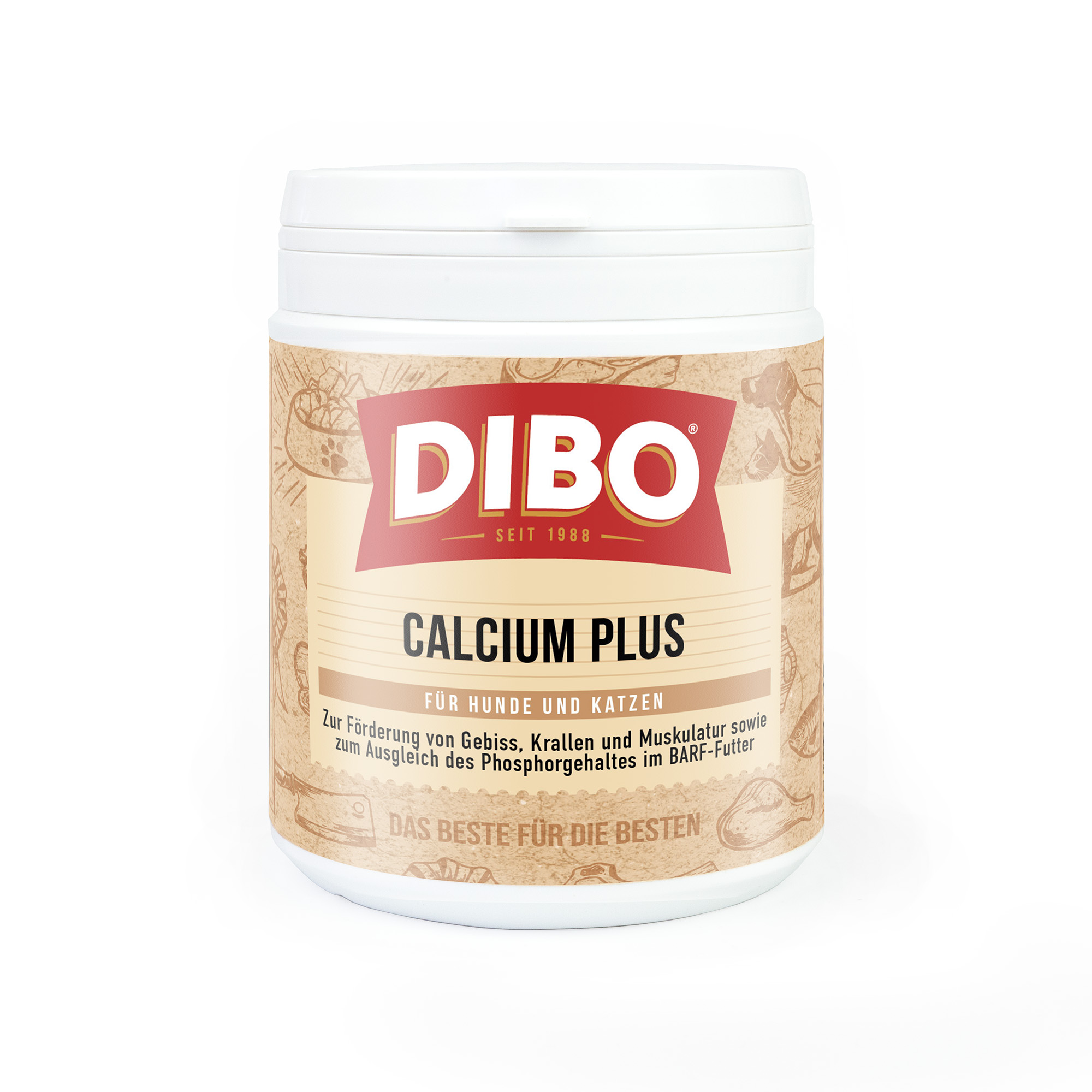DIBO Calcium Plus, 800g-Dose DIBO Calcium Plus Pulver für Hunde und Katzen in weißem Behälter mit braunem Etikett