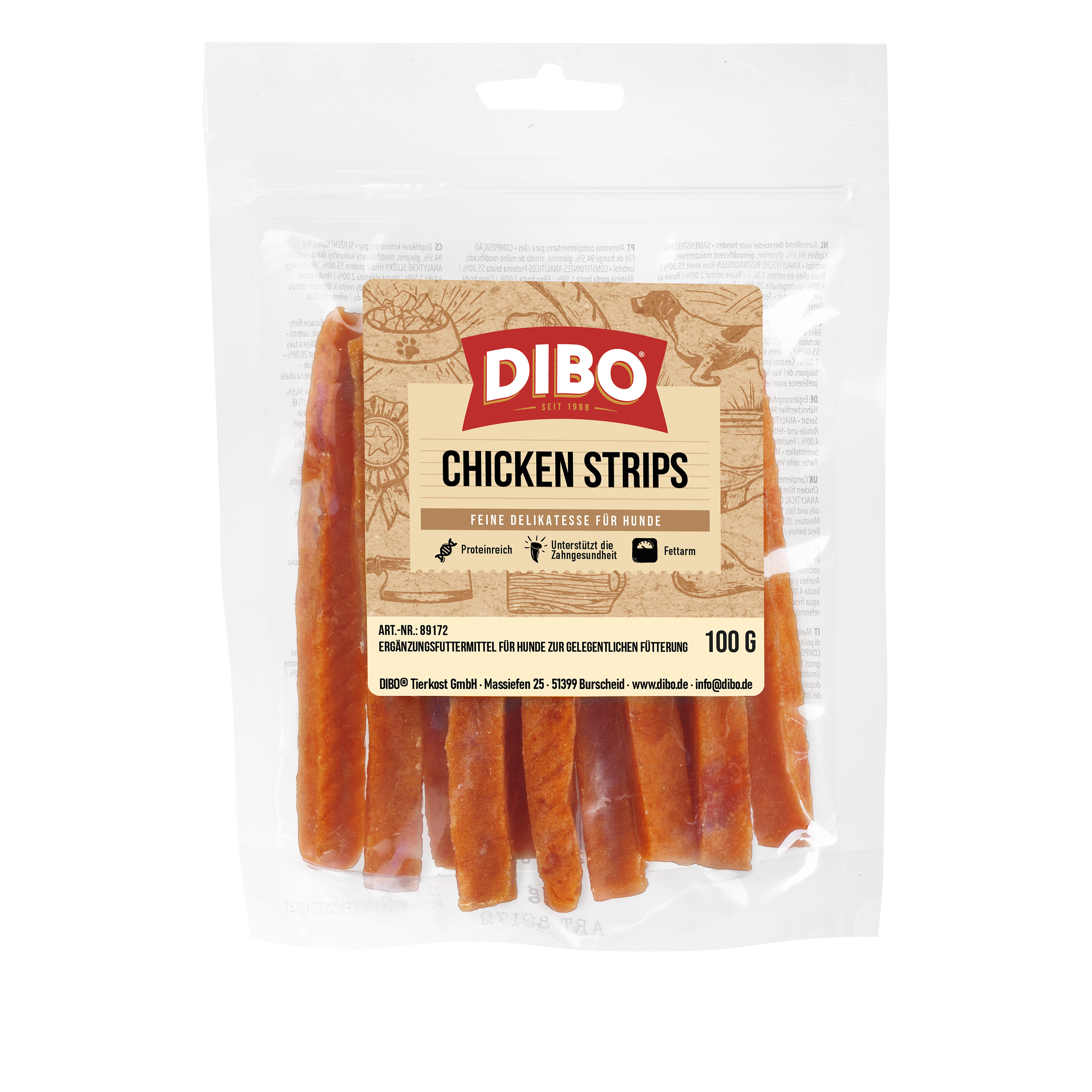 DIBO Chicken Strips, 100g-Beutel DIBO Chicken Strips Hundesnack in transparenter Verpackung mit braunem Etikett