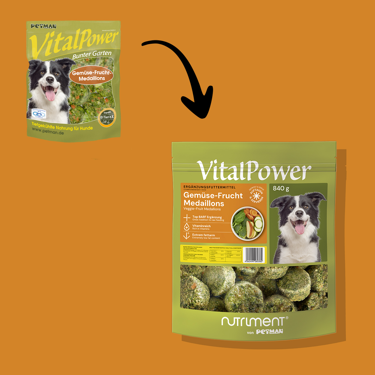 Nutriment Gemüse-Frucht MEDAILLONS ca. 25 g Vergleich der Verpackungen von VitalPower Gemüse-Frucht-Medaillons für Hunde, alt und neu, mit Hundebild und Produktfenster.