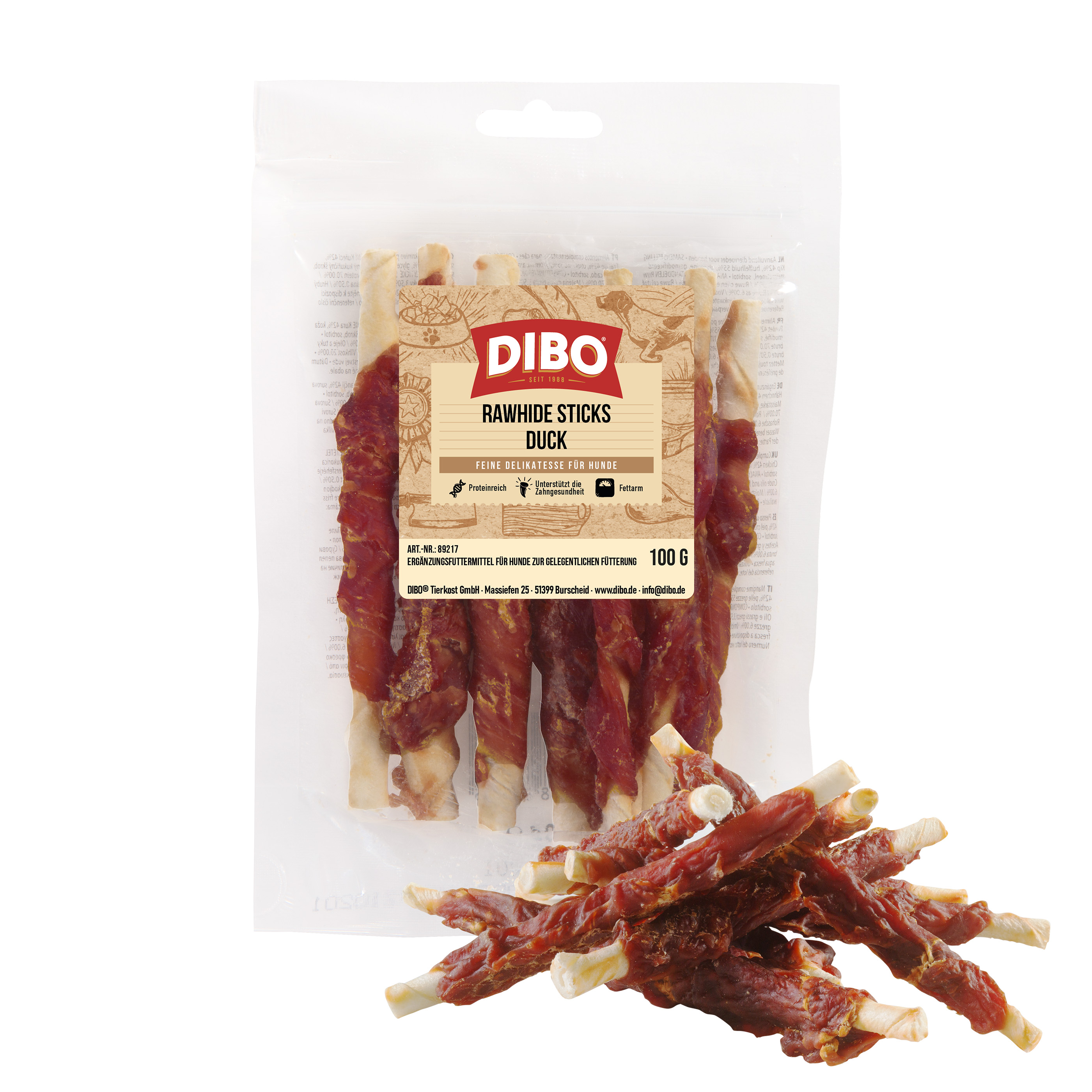 DIBO RawHide Sticks Duck, 100g-Beutel Packung Dibo Rawhide Sticks Duck Hundesnack mit mehreren Sticks und einigen Sticks davor