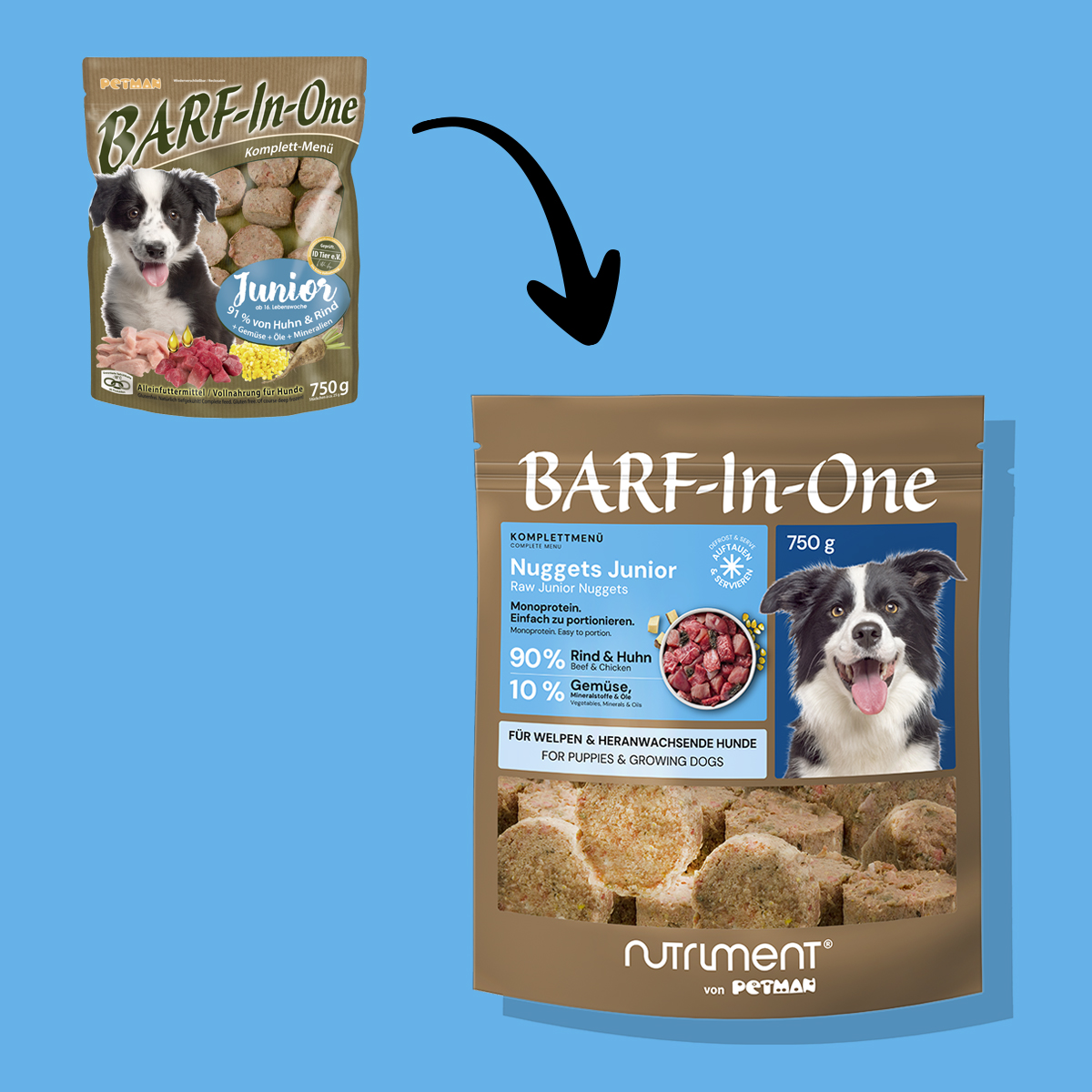 Nutriment BARF In One JUNIOR Vergleich der Verpackungen von BARF-In-One Junior Hundefutter mit Hundebild und Produktdetails alt und neu